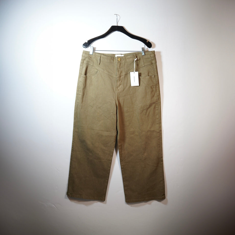 NEW Frame Denim Ali V Yoke High Waist Crop Wide Leg Jeans Army Green 33