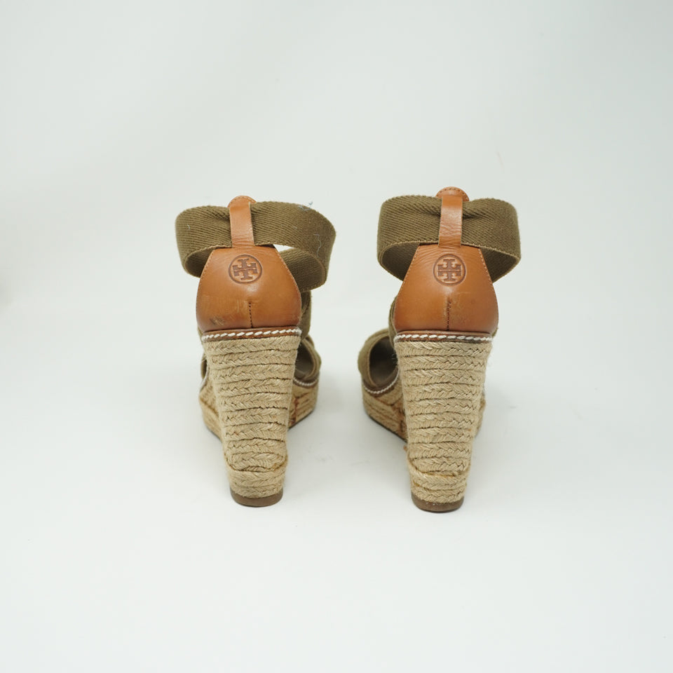 Tory Burch Adonis Elastic Fabric Strap Woven Espadrille Wedge High Heels Shoes 7