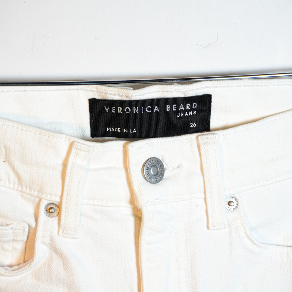 Veronica Beard Carly Kick Flare High Rise Raw Hem White Stretch Denim Jeans 26