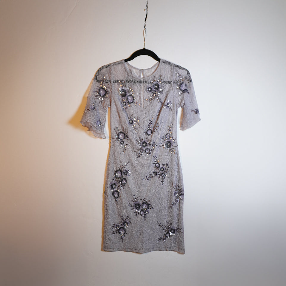 Aidan Mattox Lavender Allover Lace Floral Crystal Jewel Beaded Embellished Dress