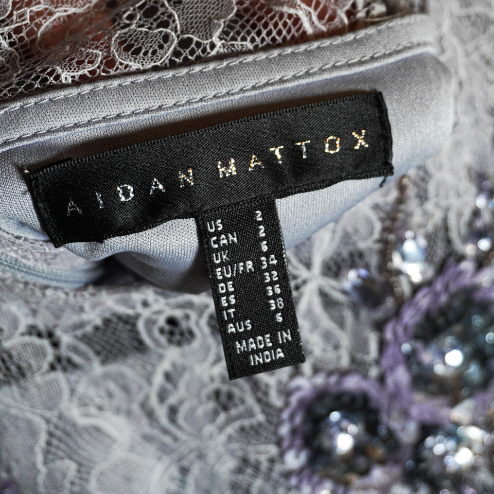 Aidan Mattox Lavender Allover Lace Floral Crystal Jewel Beaded Embellished Dress