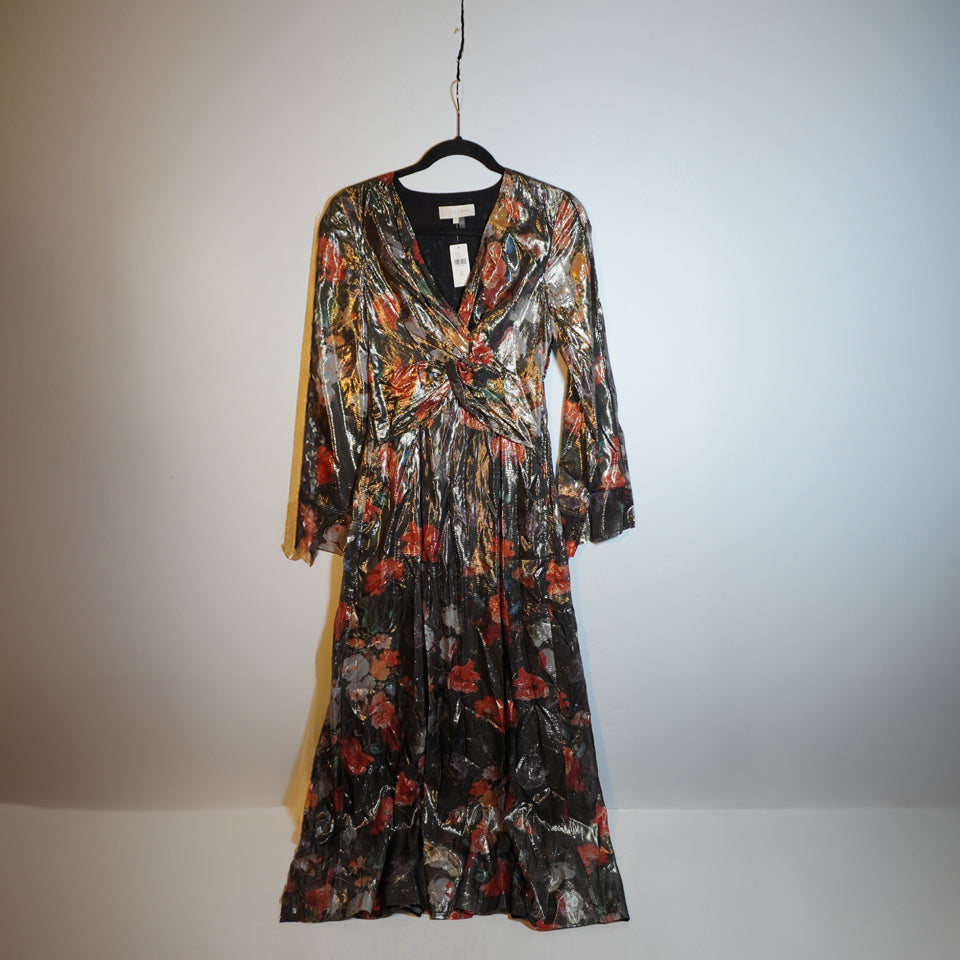 NEW Anthropologie Caballero Deep V-Neck Metallic Floral Print Pattern Maxi Dress