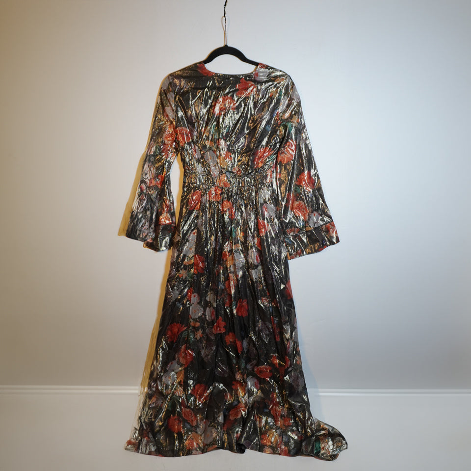 NEW Anthropologie Caballero Deep V-Neck Metallic Floral Print Pattern Maxi Dress