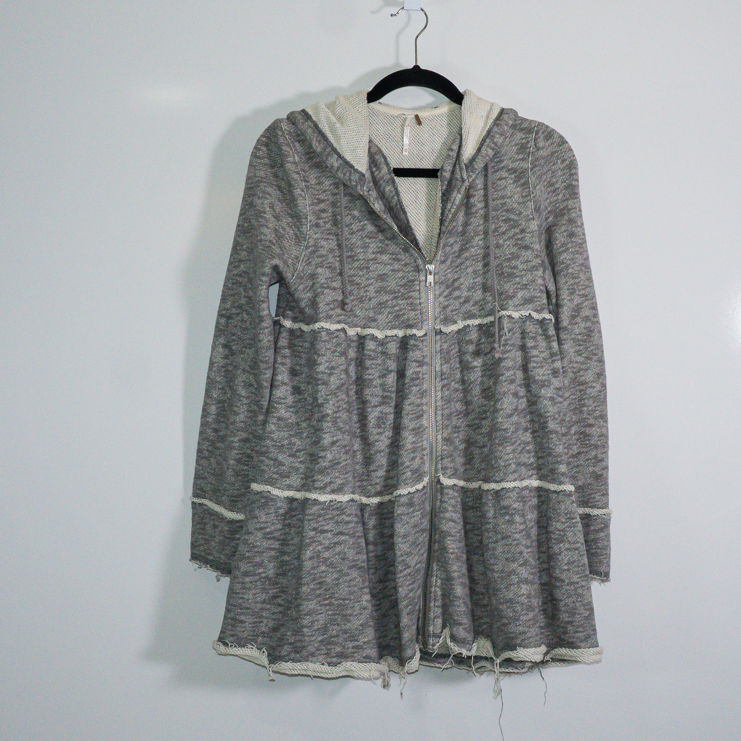 Free People Trapeze Tiered Layered Full Zip Terry Cloth Hoodie Jacket Gray XS