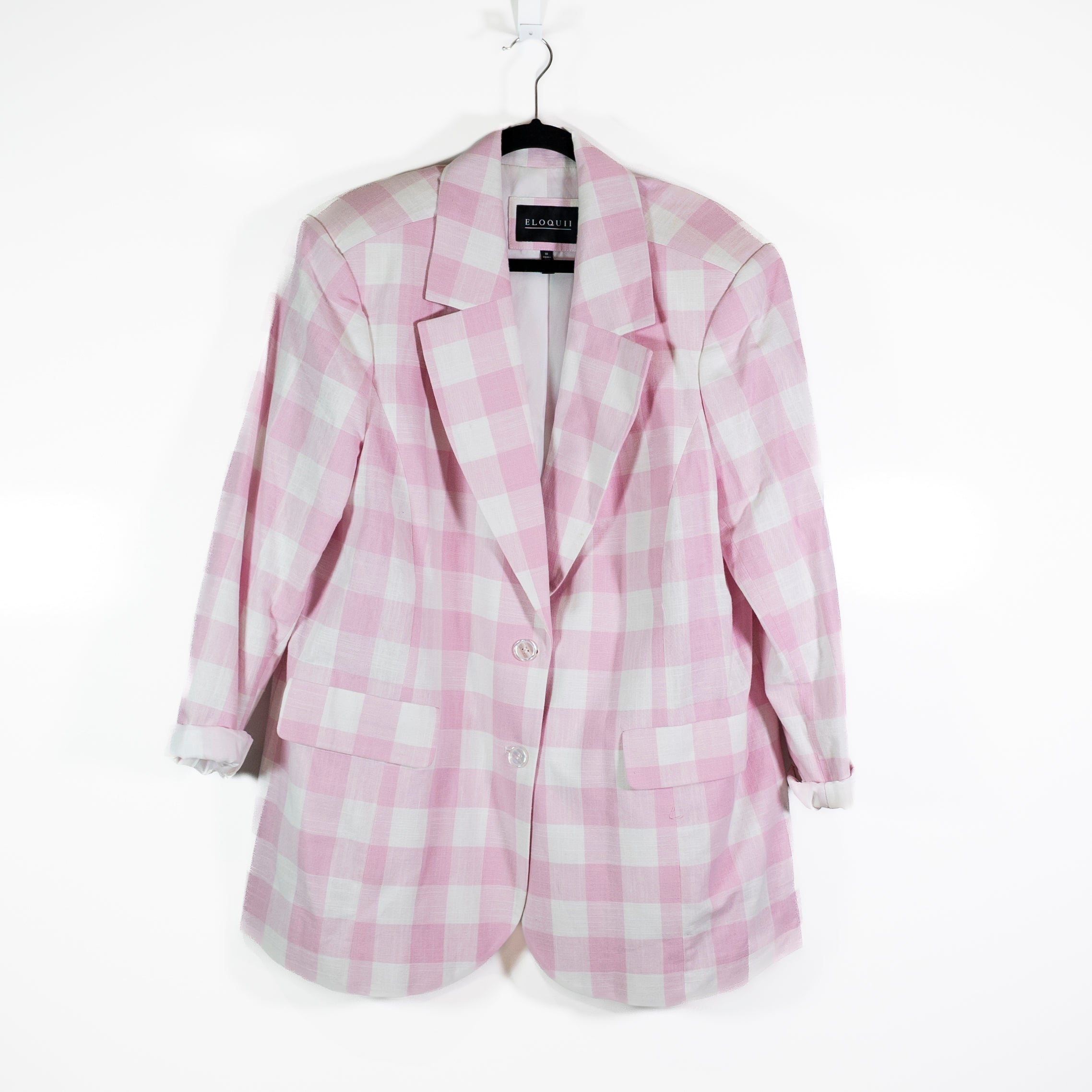 Eloquii Women's Oversized Pink White Plaid Gingham Blazer Jacket 18