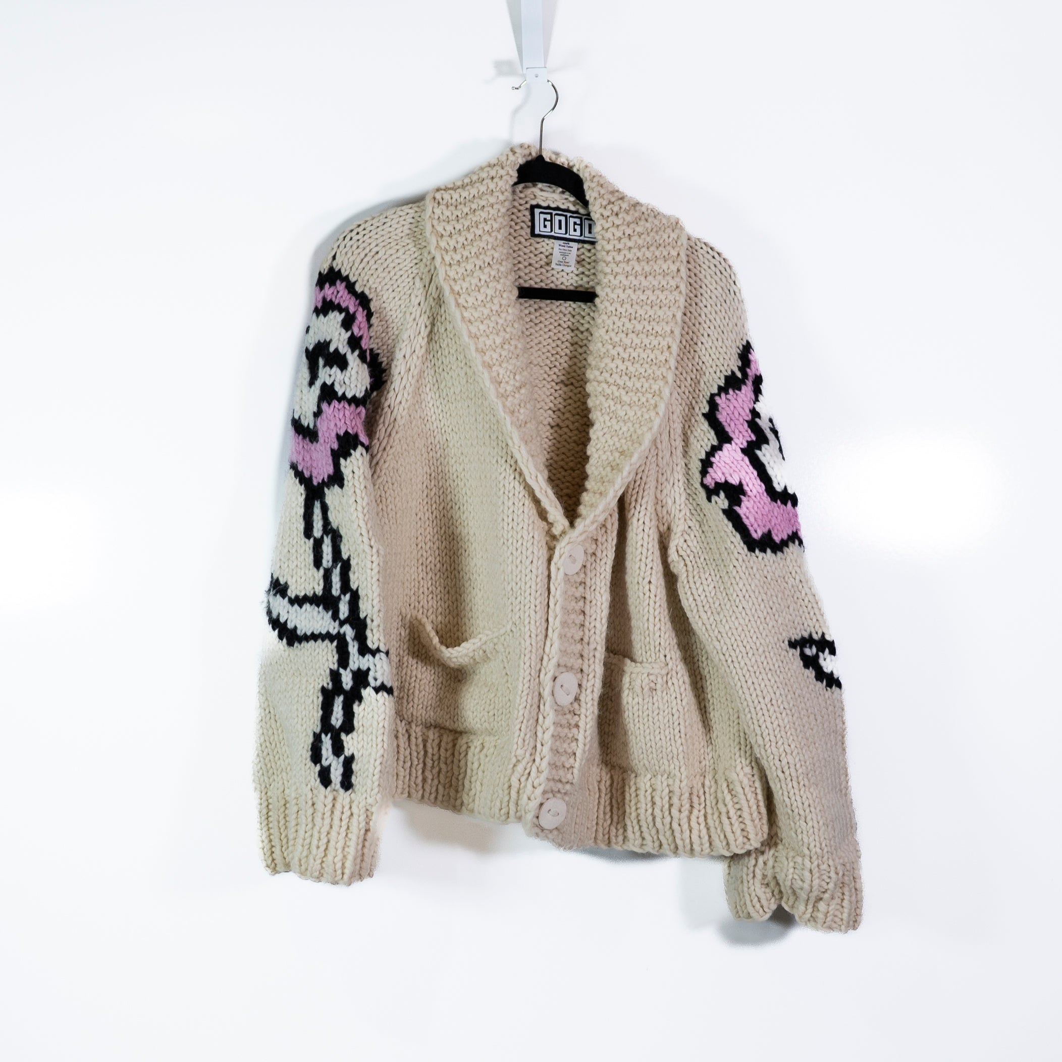GoGo Sweaters Flower Jacket Wool Chunky Knit Cardigan Vanilla Pink One Size