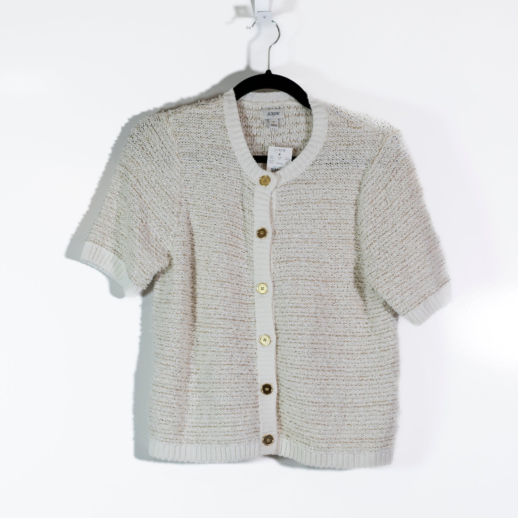 NEW J. Crew Shimmer Texture Cotton Knit Cardigan Sweater Ivory Feather Gold S