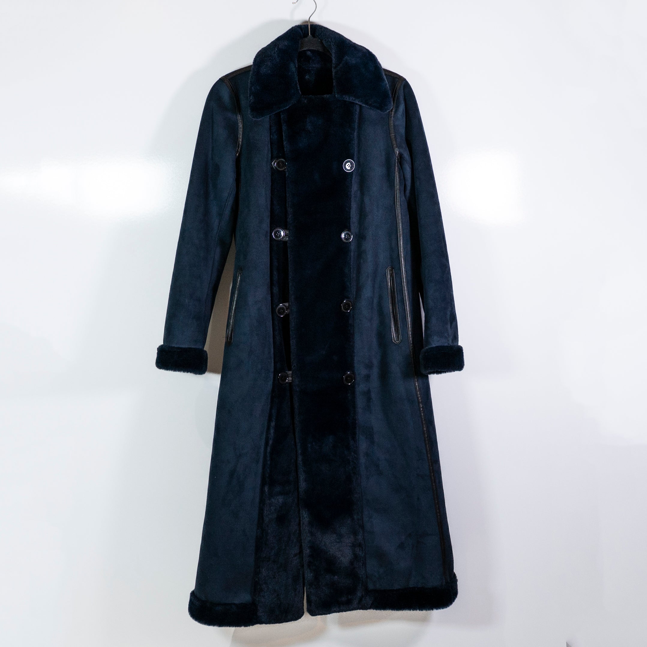 Maison Atia Suede Shearling Lined Double Breasted Button Collared Long Coat 2