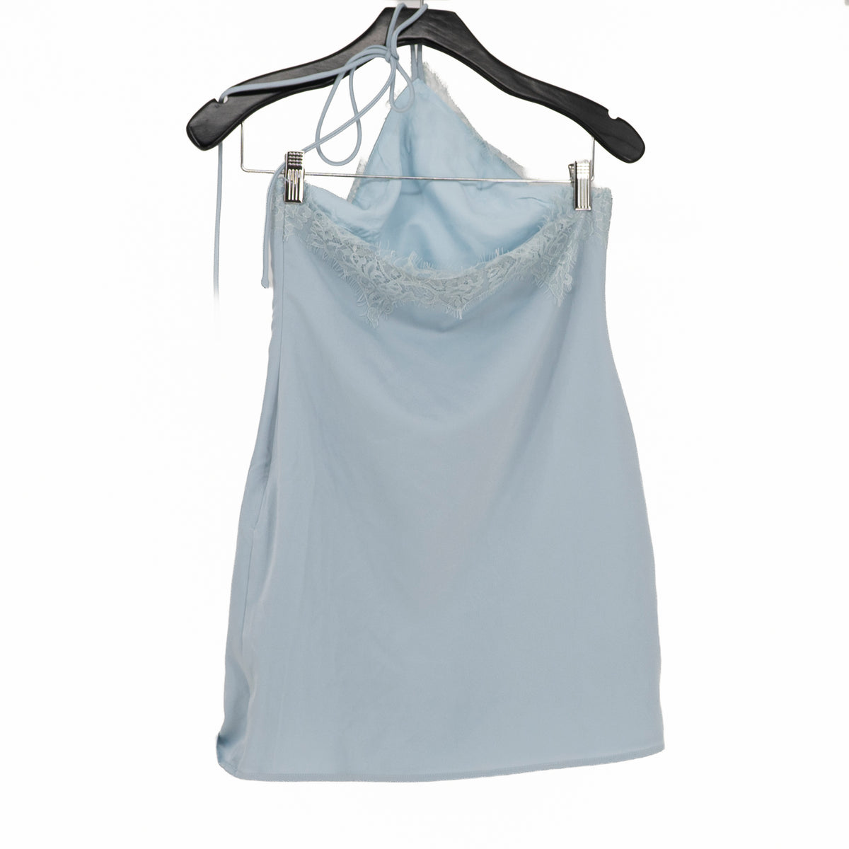 Peppermayo Samaria Satin Lace Trim Halter Neck Mini Dress Blue 2