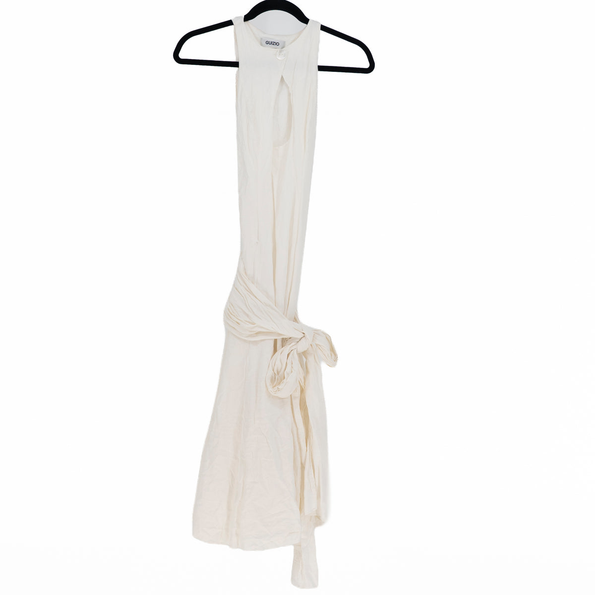 Guizio Victoire Linen Key Hole Tie Wrap Waist Midi Swing Dress Ivory XS