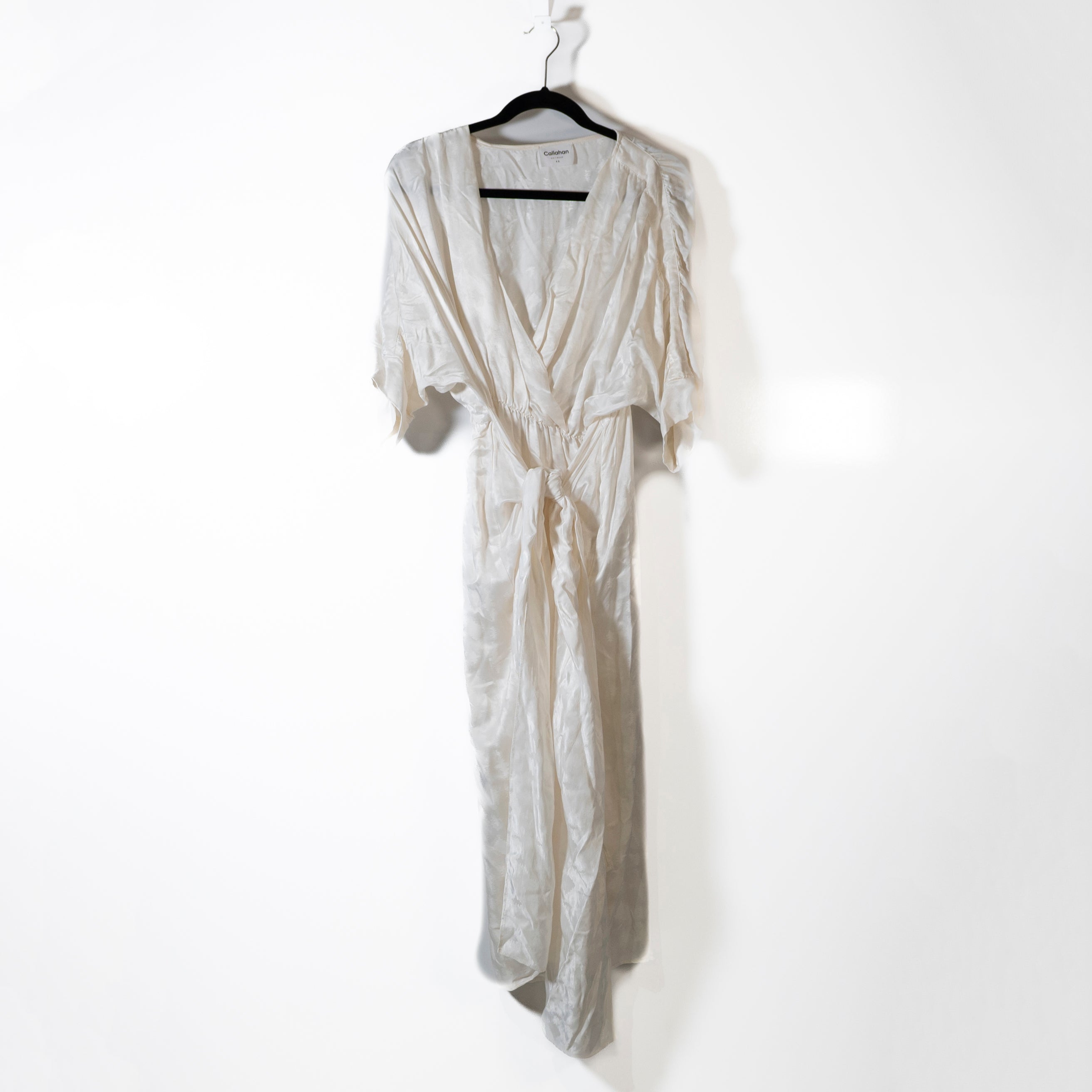 Callahan Sami V Neck Twist Tie Knot Satin Textured Midi Dress Ivory XS