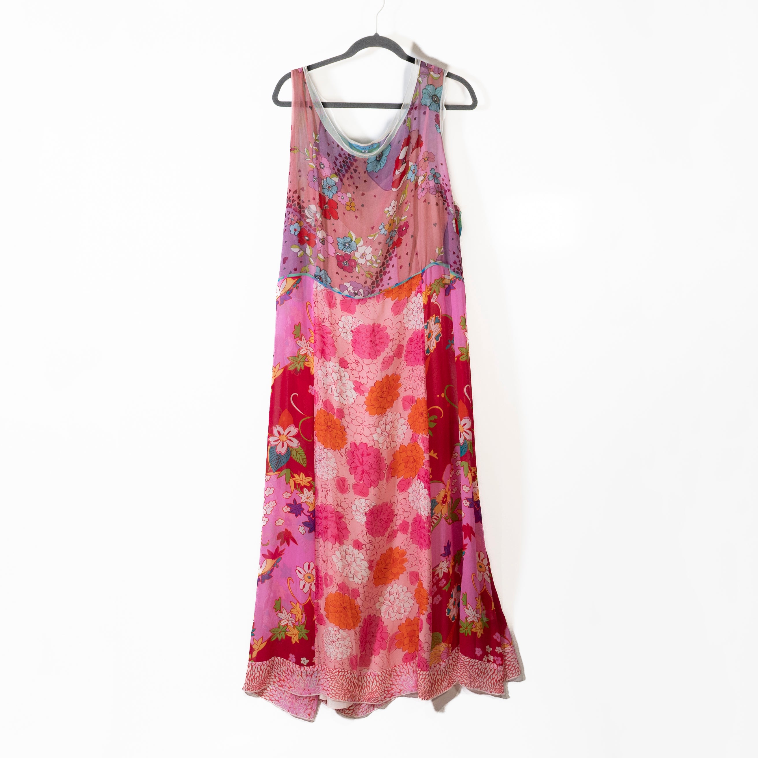 Johnny Was Silk Chiffon Mixed Floral Flower Print Pattern Sleeveless Midi Dress