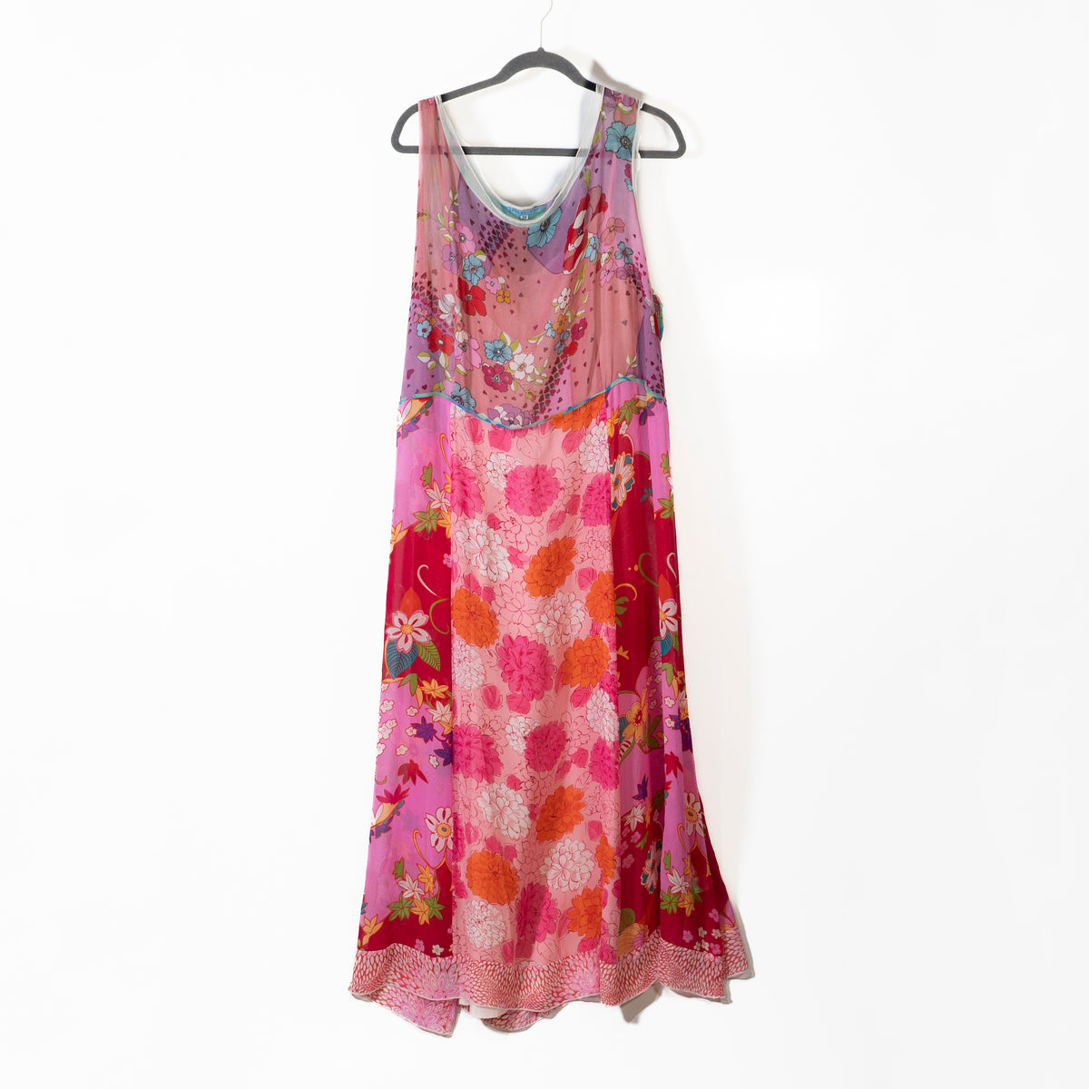 Johnny Was Silk Chiffon Mixed Floral Flower Print Pattern Sleeveless Midi Dress