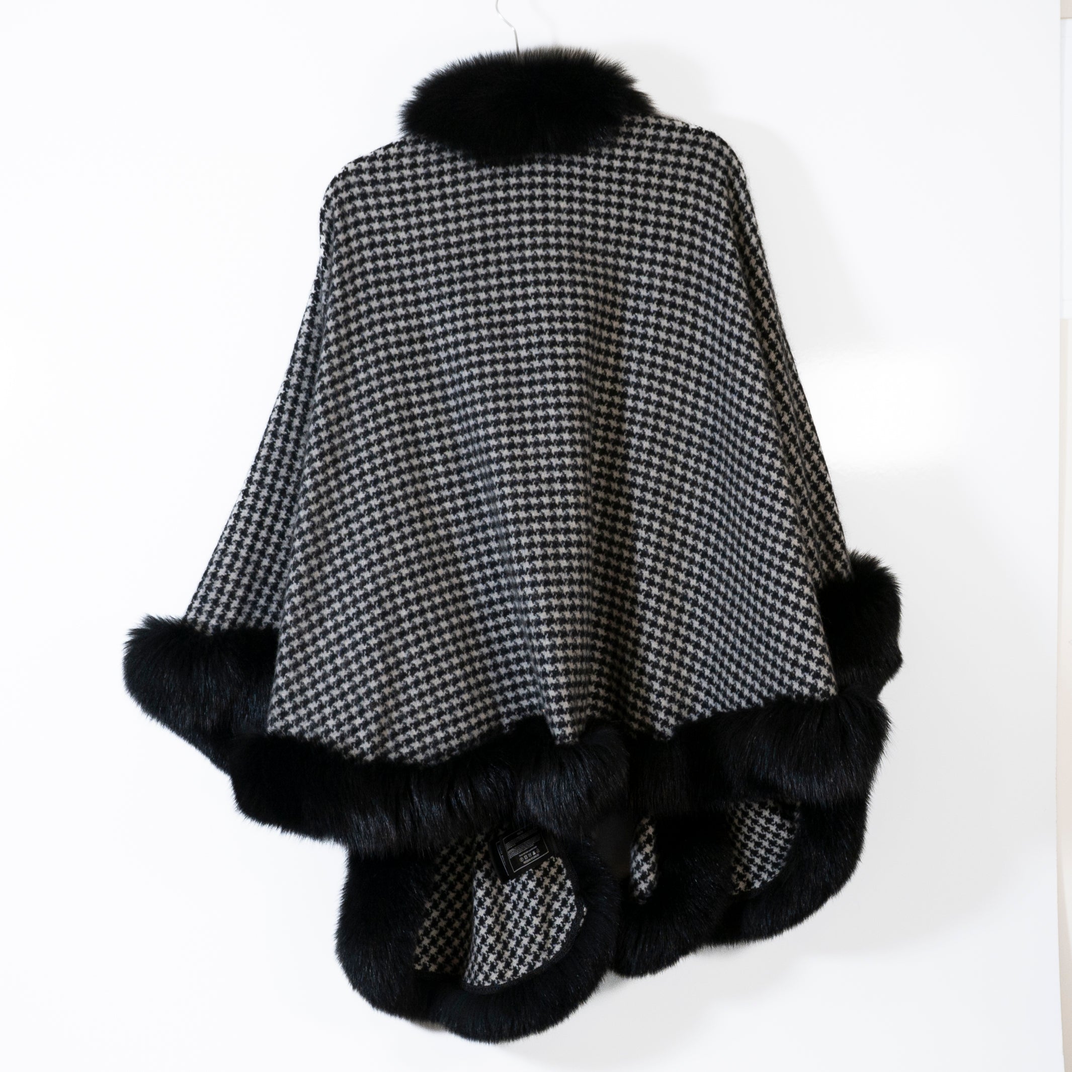 Gorski 100% Cashmere Knit Genuine Fox Fur Trim Cape Wrap Sweater Houndstooth 