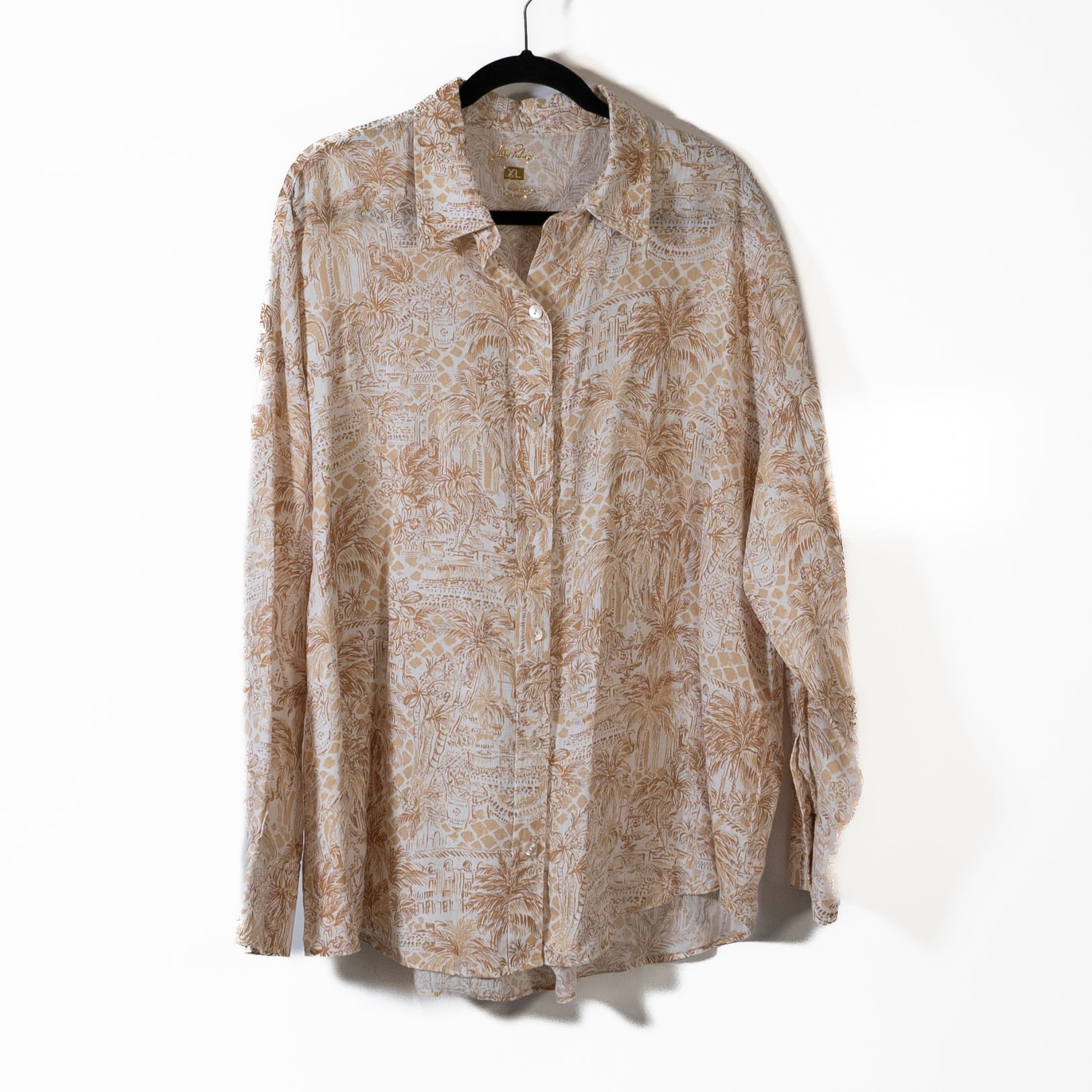 Lilly Pulitzer Stevey Linen Relaxed Button Down Sand Bar Palm Beach Paradise XL