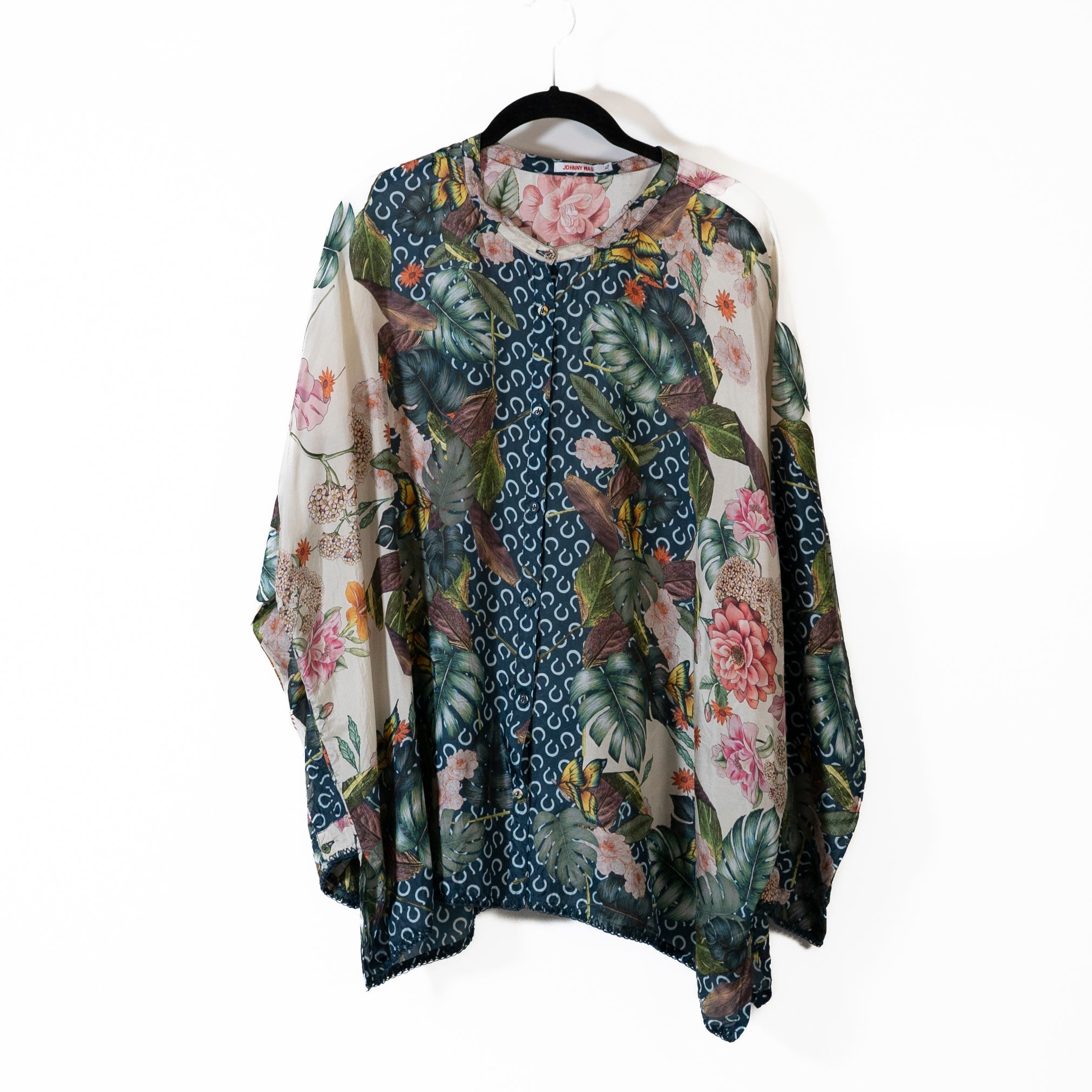 Johnny Was Silk Chiffon Button Front Floral Flower Print Pattern Blouse Shirt XL