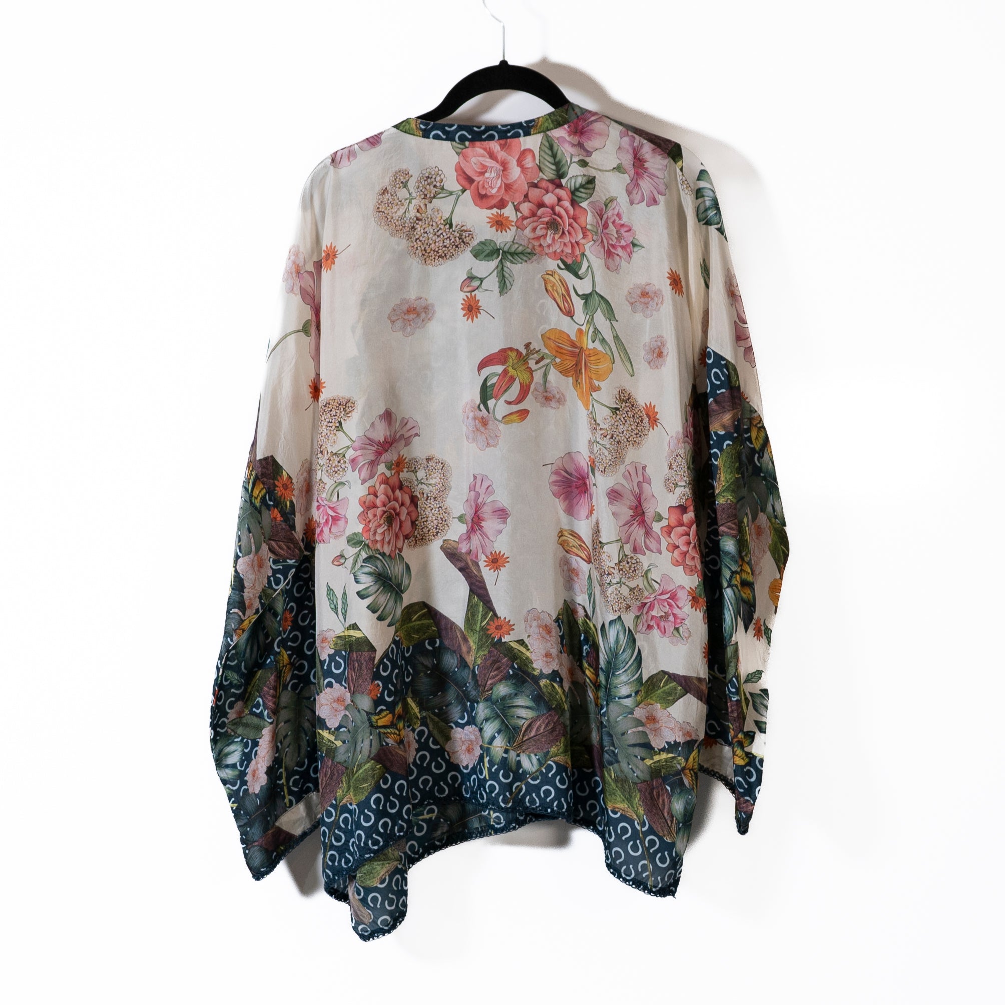 Johnny Was Silk Chiffon Button Front Floral Flower Print Pattern Blouse Shirt XL