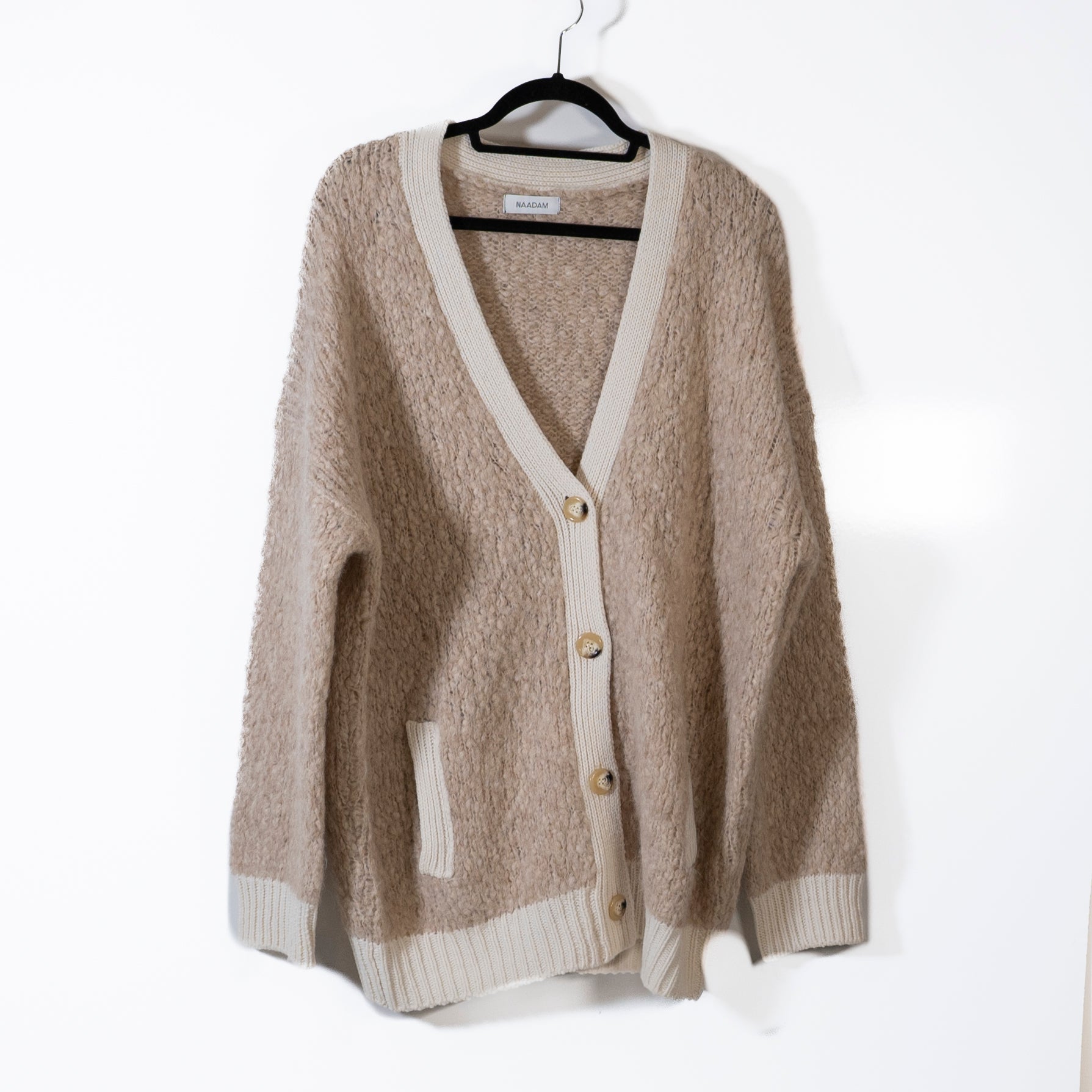 Naadam Wool Alpaca Fuzzy Knit Stretch Button Front Cardigan Sweater Beige Tan L