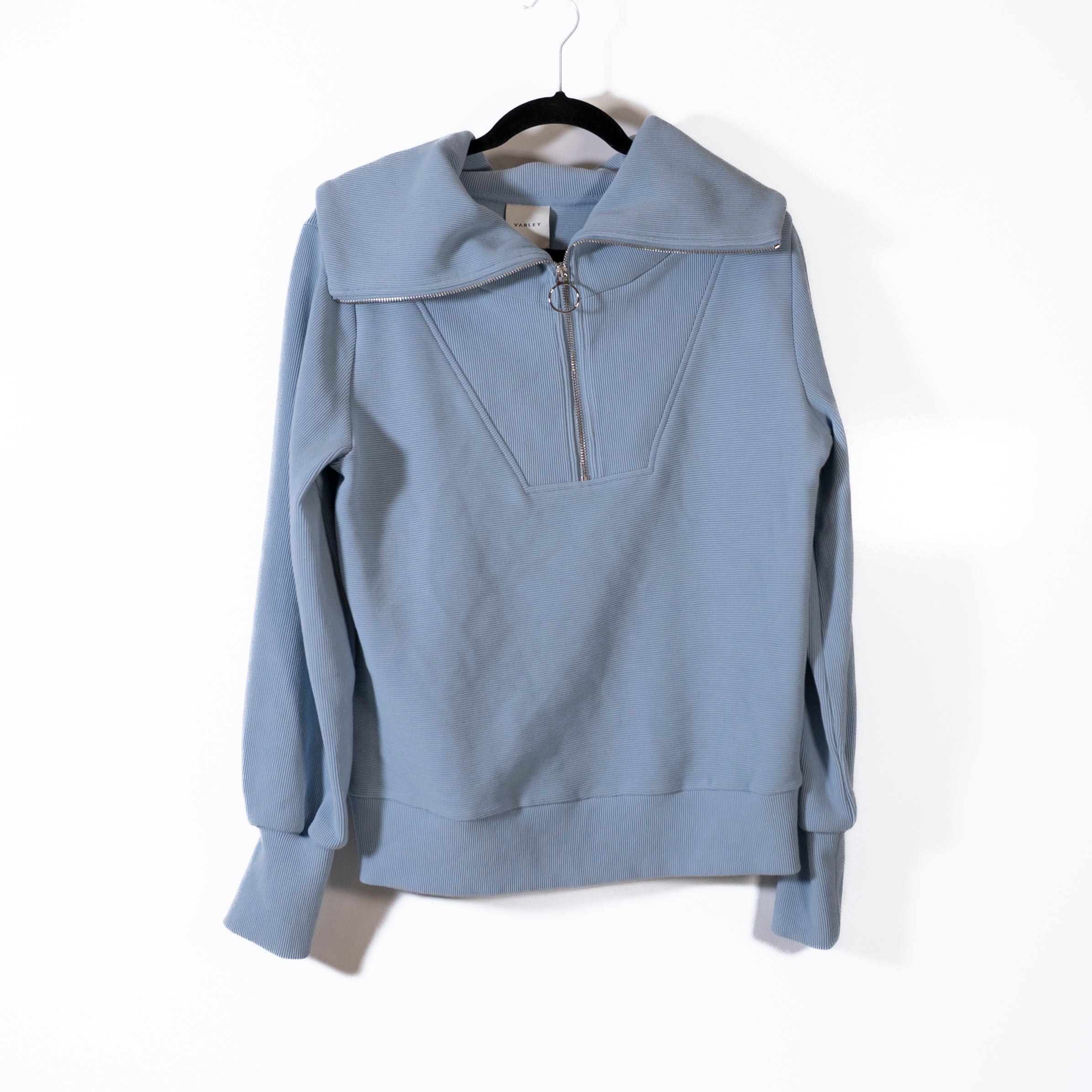 Varley Vine Half Zip Spread Collar Pullover Sweater Ottoman Ribbed Texture Blue