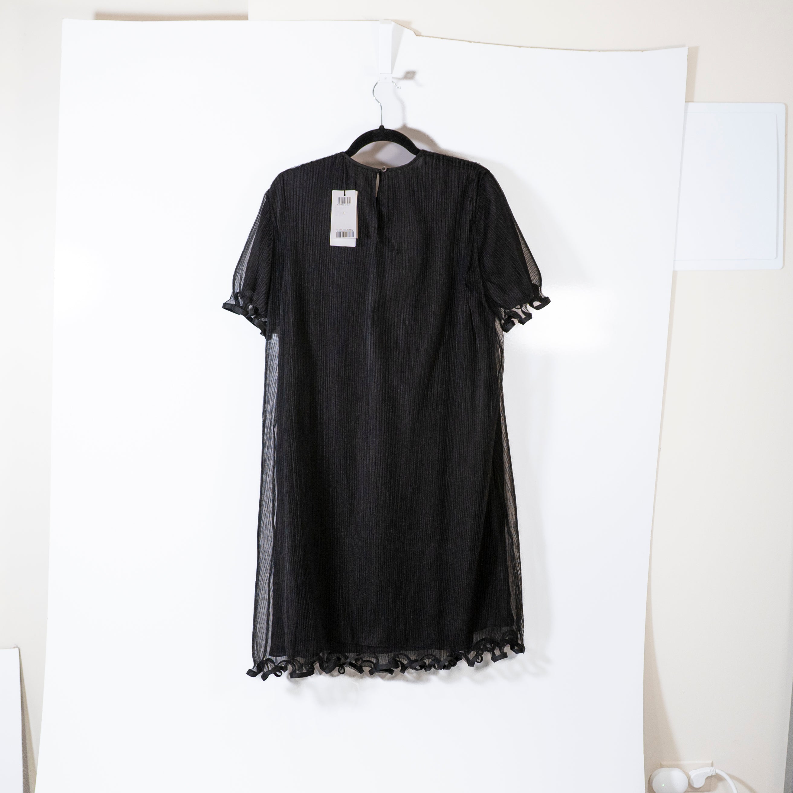 NEW JNBY Pressed Pleated Mesh Chiffon Ruffle Edge Short Sleeved Mini Dress Large