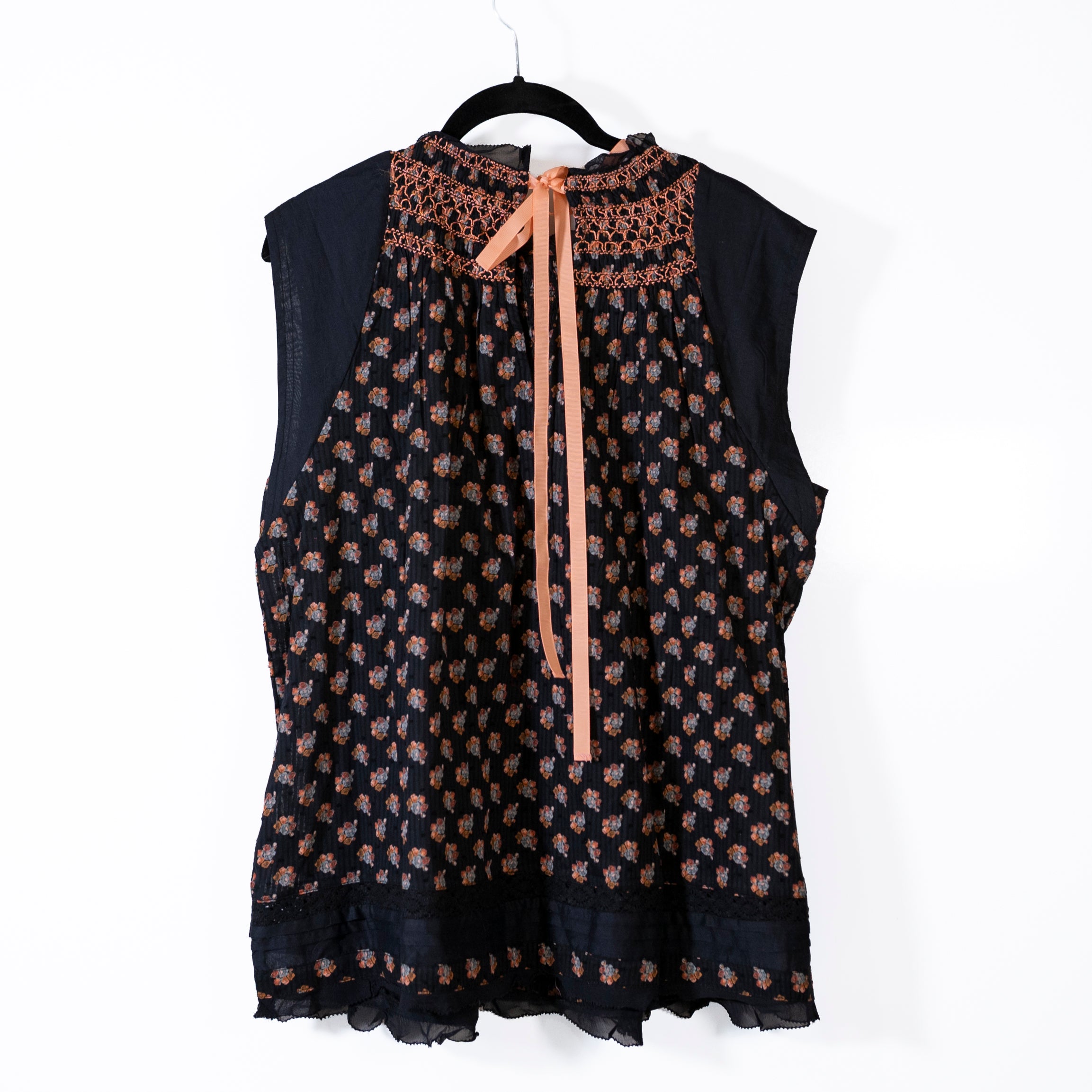 NEW Anthropologie Smocked Muscle Cotton Floral Flower Print Swing Top Blouse L