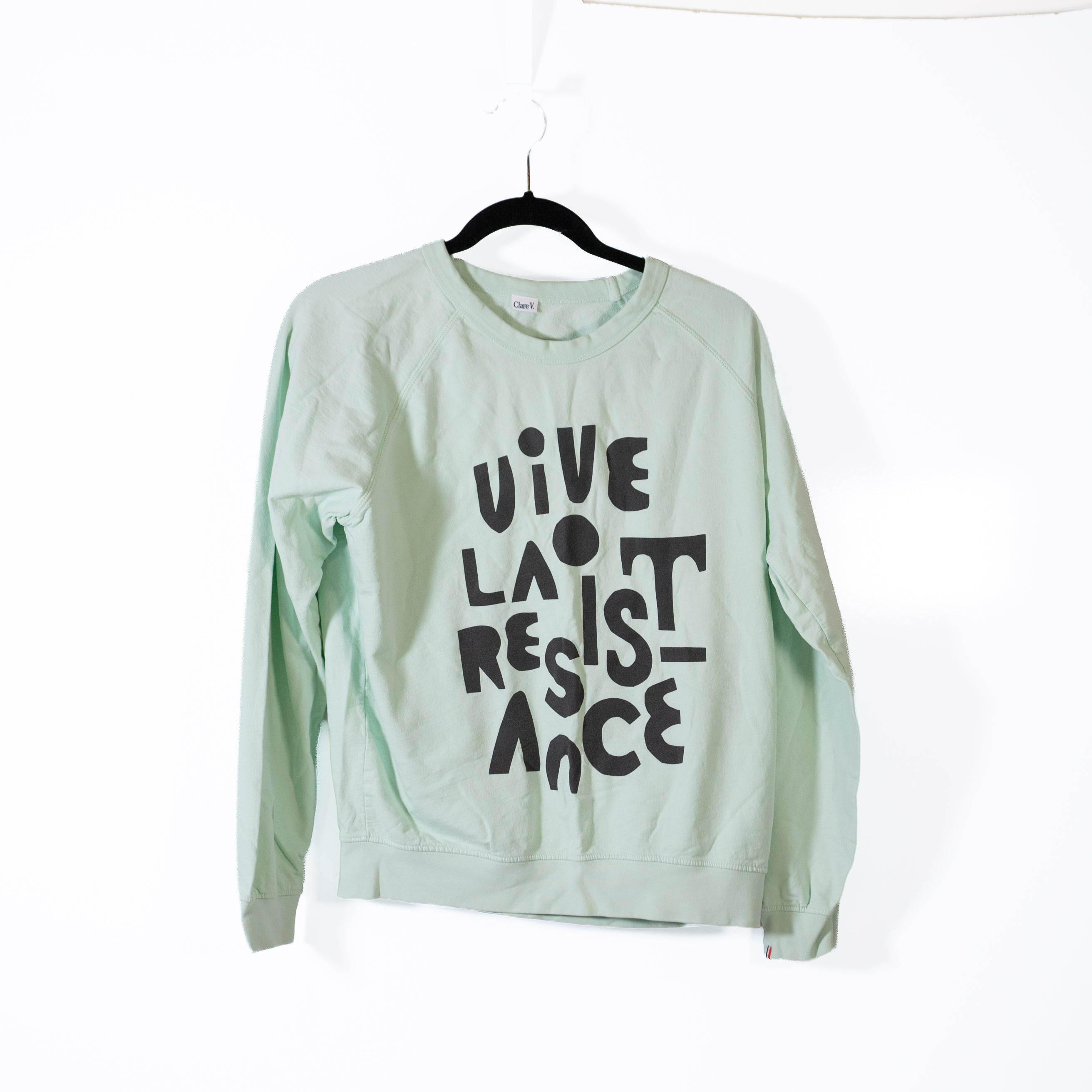 Clare V. Vive La Resistance Graphic Cotton Crew Neck Pullover Sweater Mint S