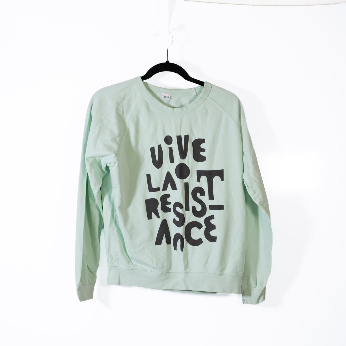 Clare V. Vive La Resistance Graphic Cotton Crew Neck Pullover Sweater Mint S