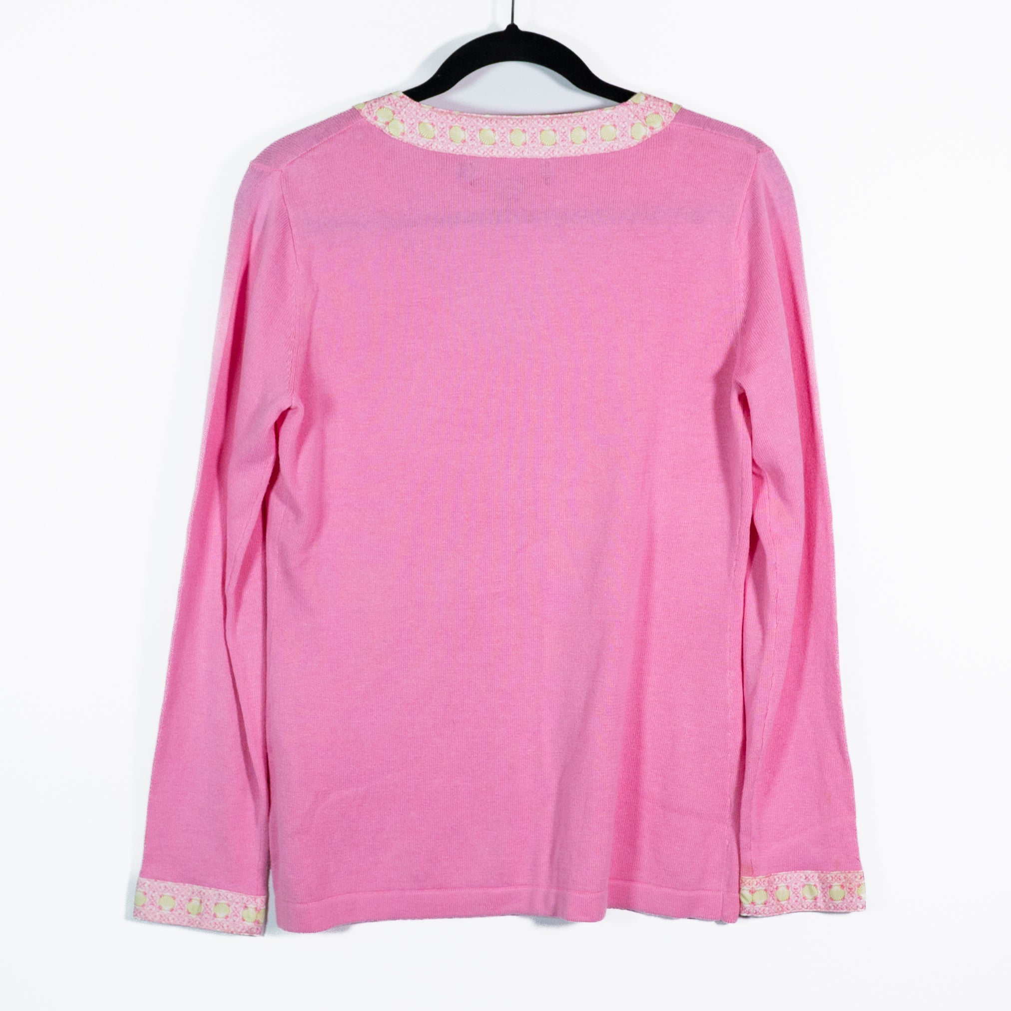 Vineyard Vines Cotton Cashmere Knit V Neck Seashell Trim Pullover Sweater Pink S