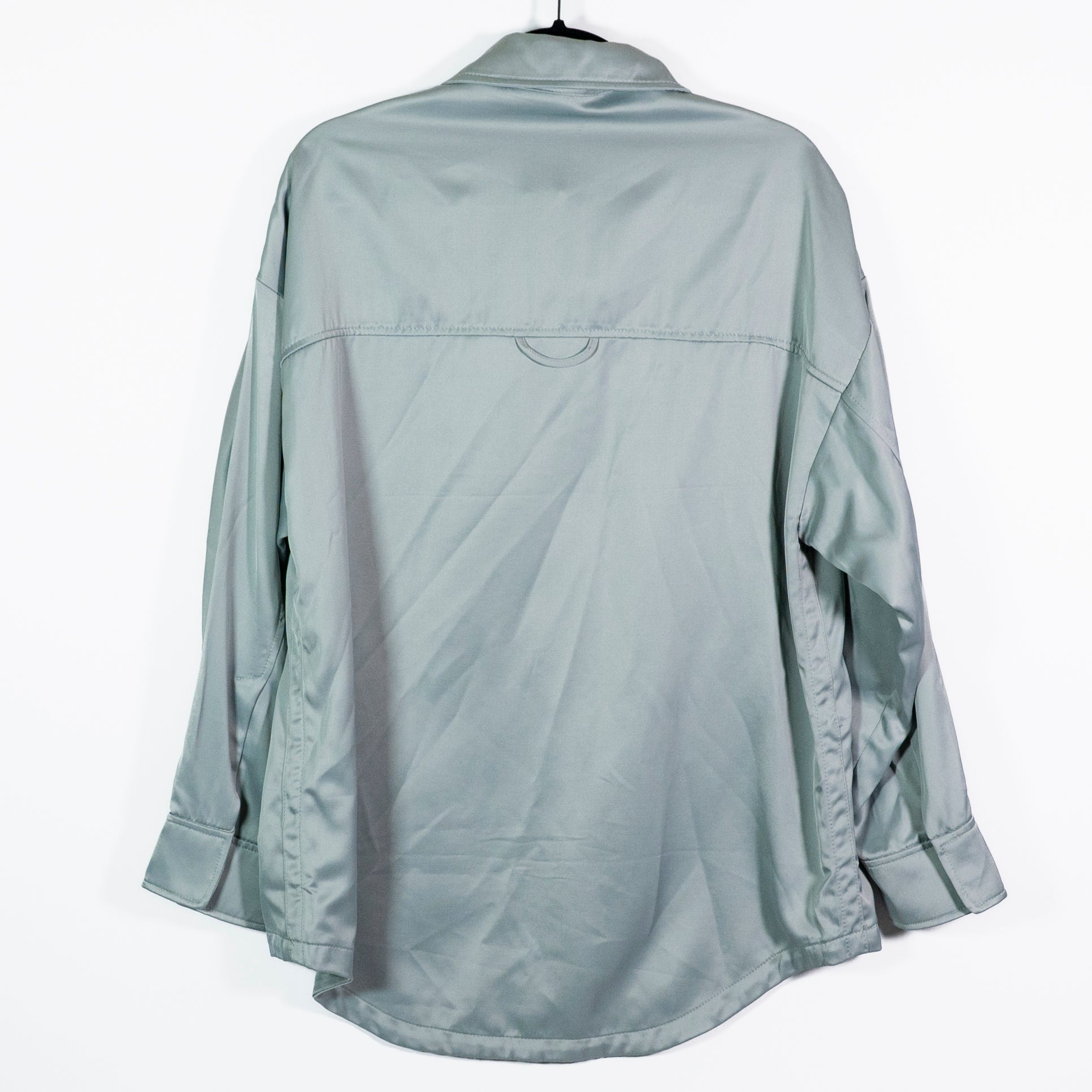 NEW Zara Sateen Satin Snap Button Front Collared Pocket Blouse Shirt Top Blue S