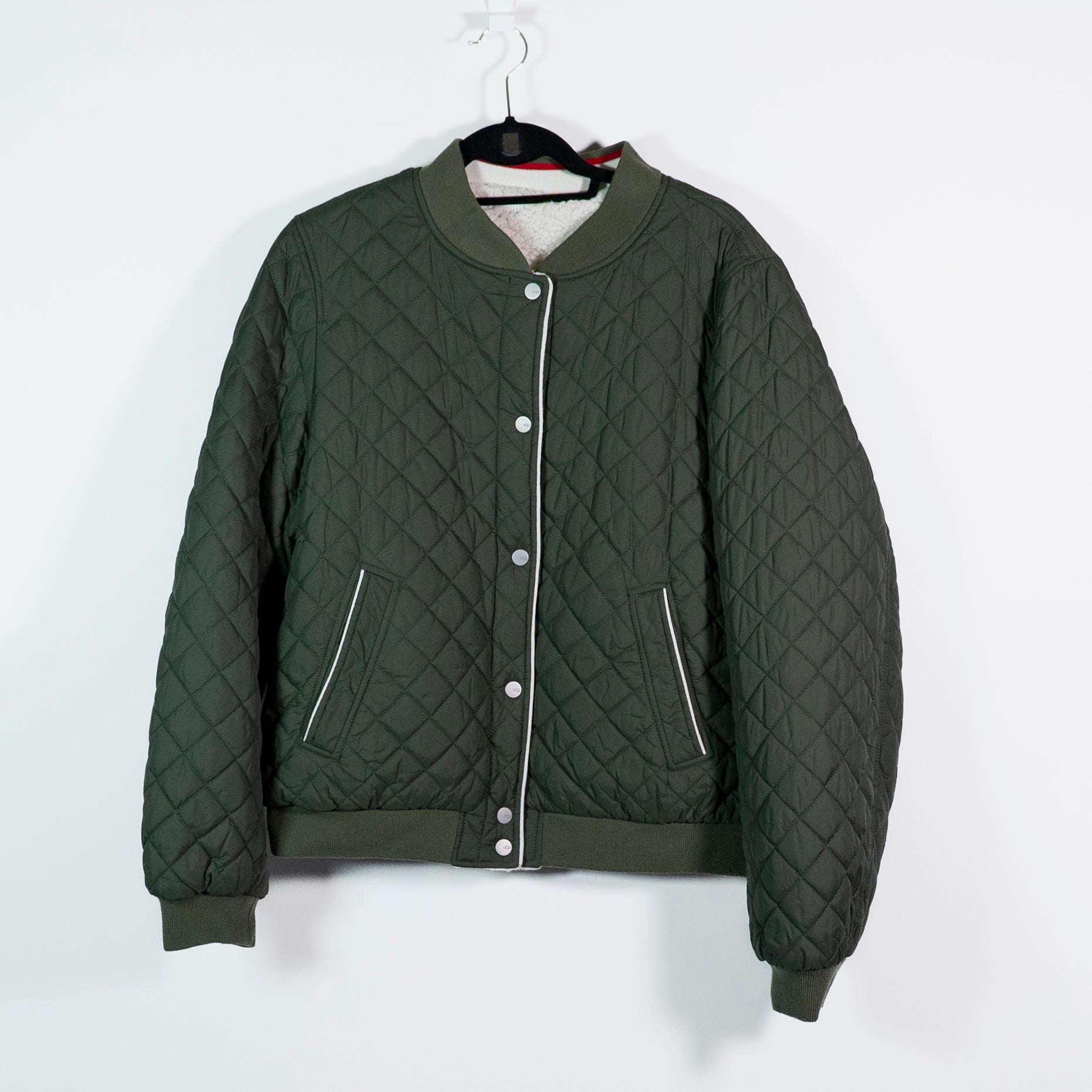 Ugg Women's Eliana Reversible Sherpa Teddy Fuzzy Nylon Quilted Bomber Jacket XL