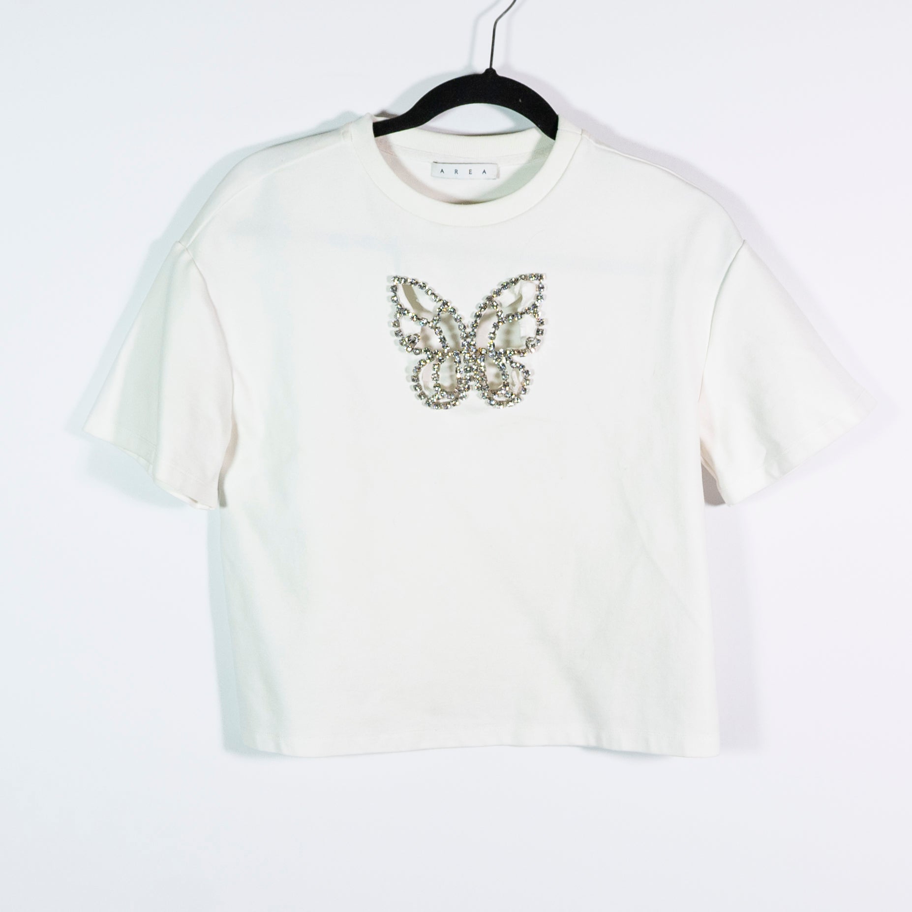 Area Crystal Rhinestone Jewel Diamond Cut Out Butterfly Short Sleeve Tee Shirt