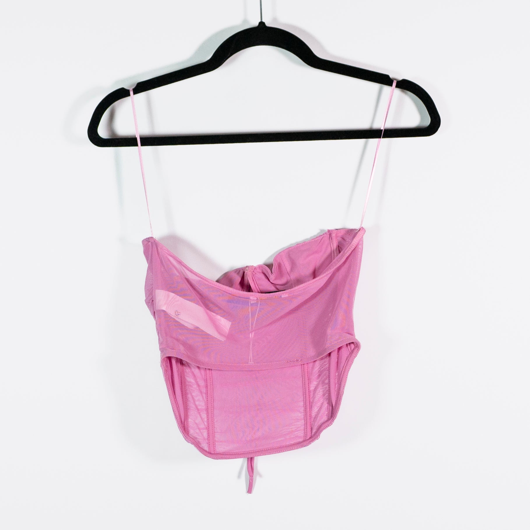 Zara Sheer Tulle Mesh Ruched Corset Strapless Bow Tie Front Tank Shirt Pink S