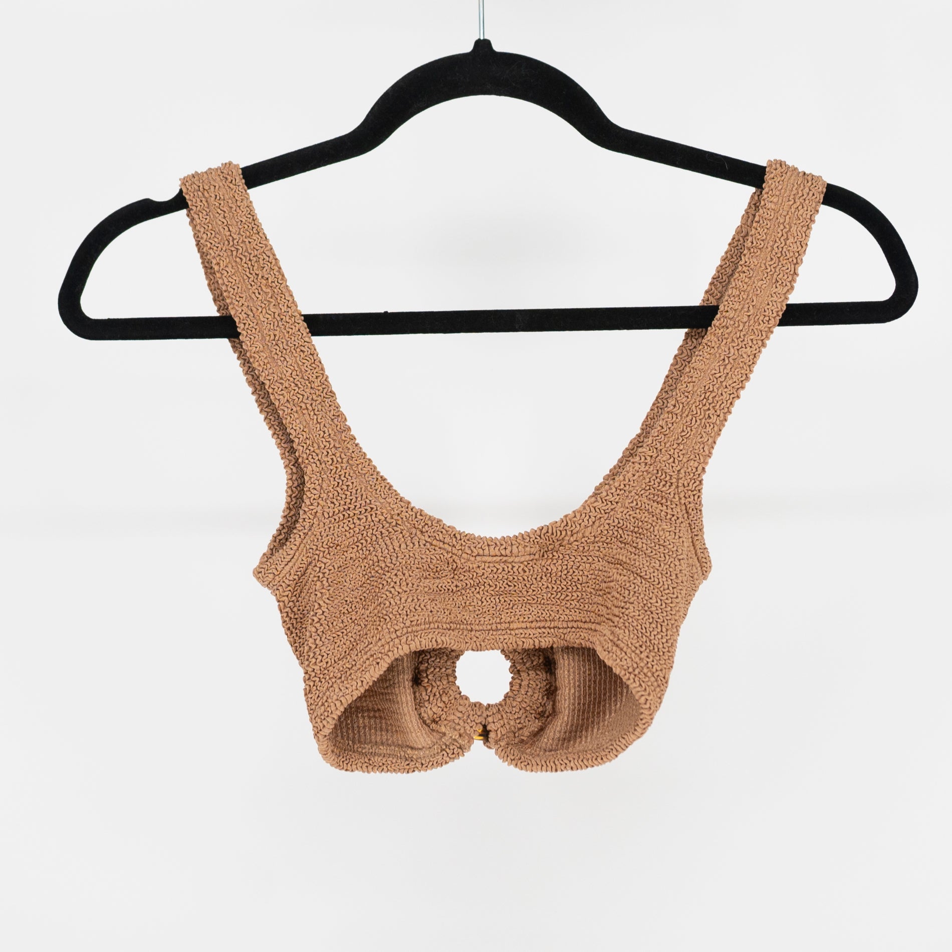 Hunza G Nadine Knit Crochet Stretch Bikini Bathing Suit Top Cocoa Brown