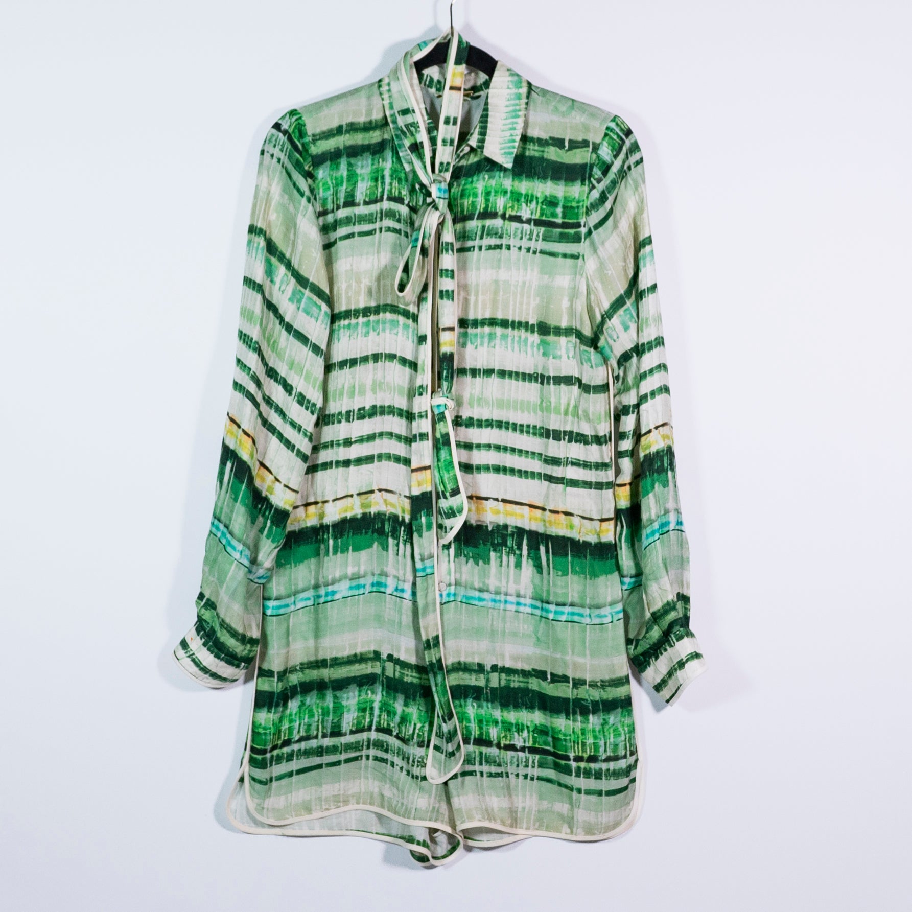 ALEXIS Florentyn Silk Blend Chiffon Collared button Down Belted Romper Emerald S