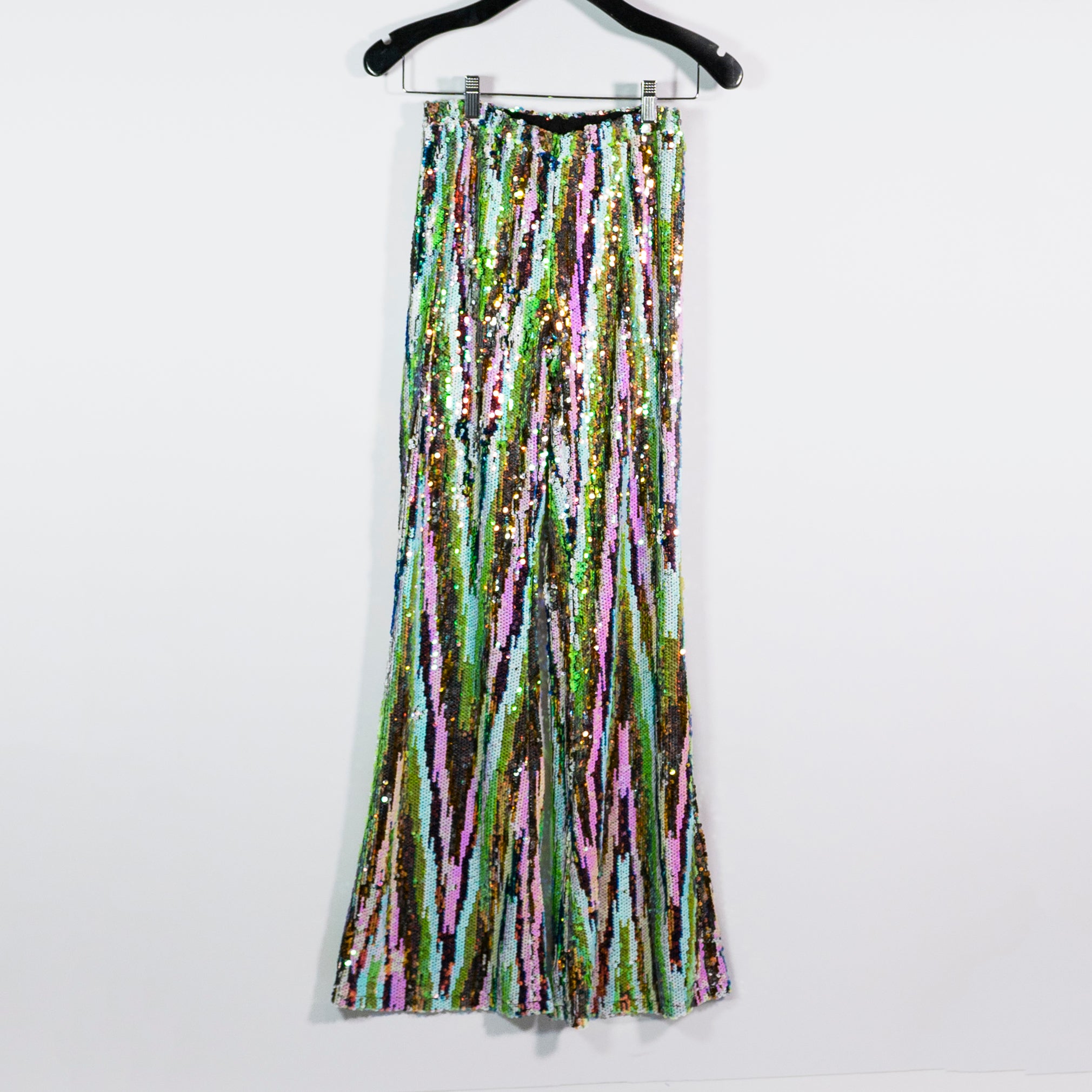 Meghan Fabulous LA Sequin Glitter Sparkle Party Chic Flare Pants Lime Glitter XS