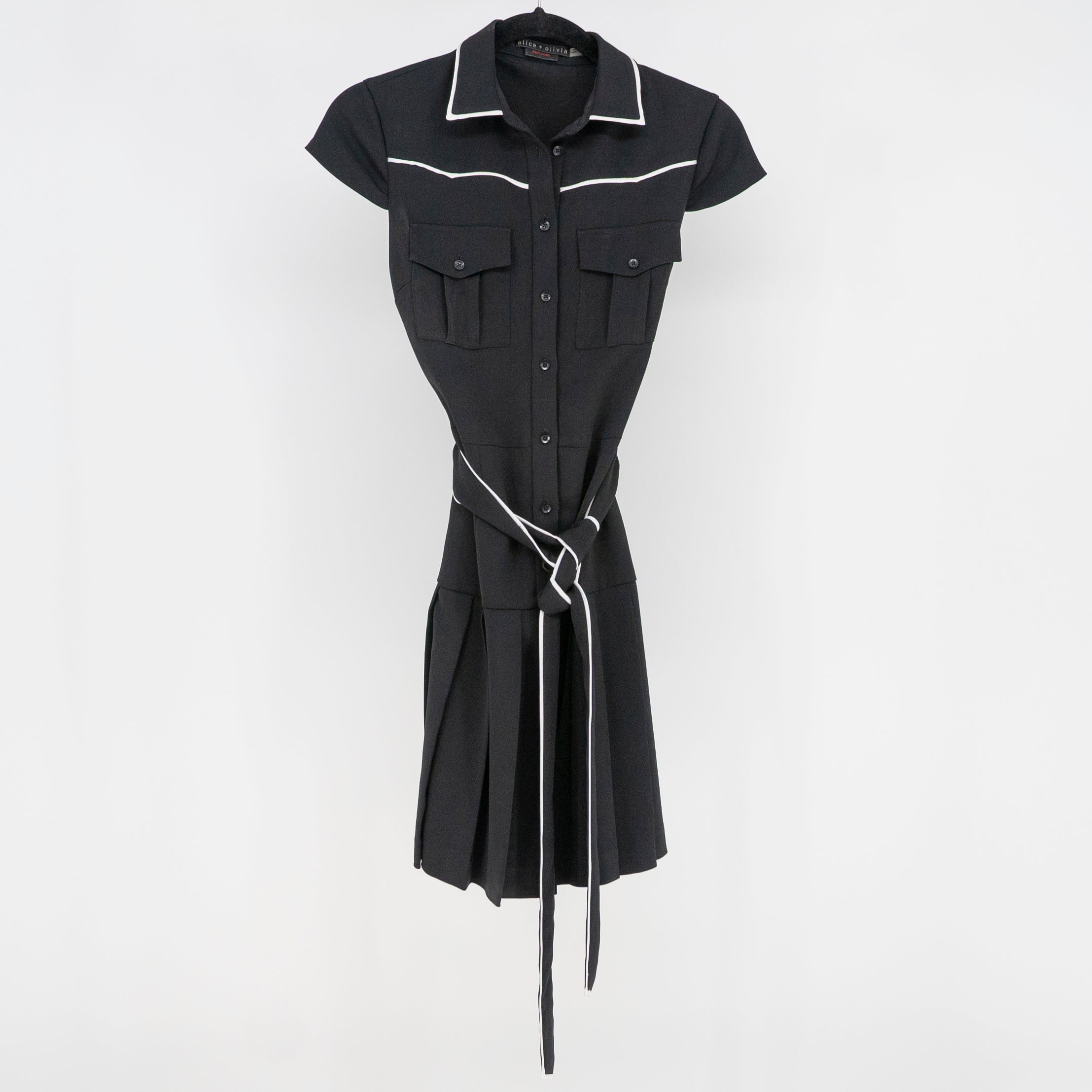 Alice And Olivia Employed Collared Button Down Belted Shirt Dress Black 0
