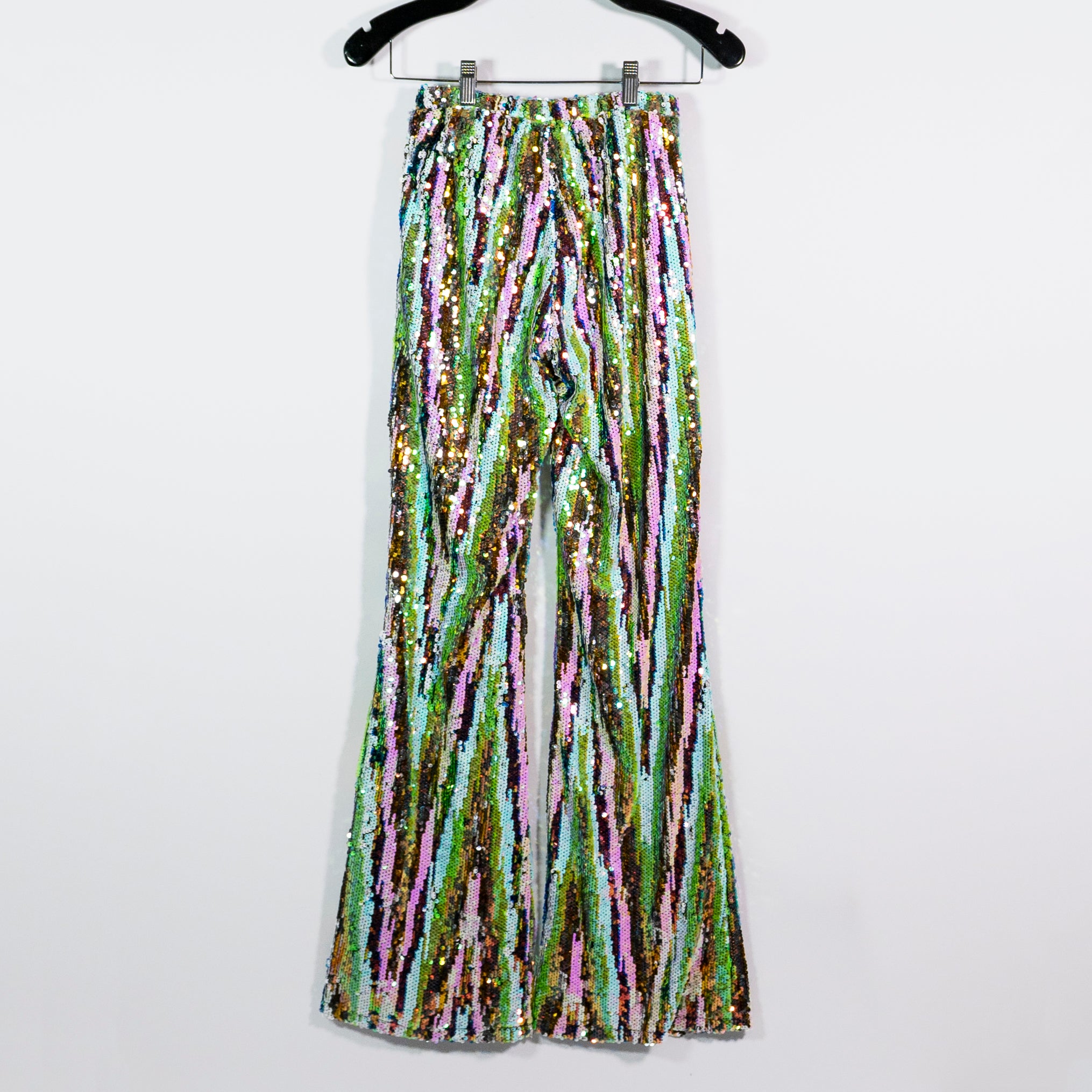 Meghan Fabulous LA Sequin Glitter Sparkle Party Chic Flare Pants Lime Glitter XS