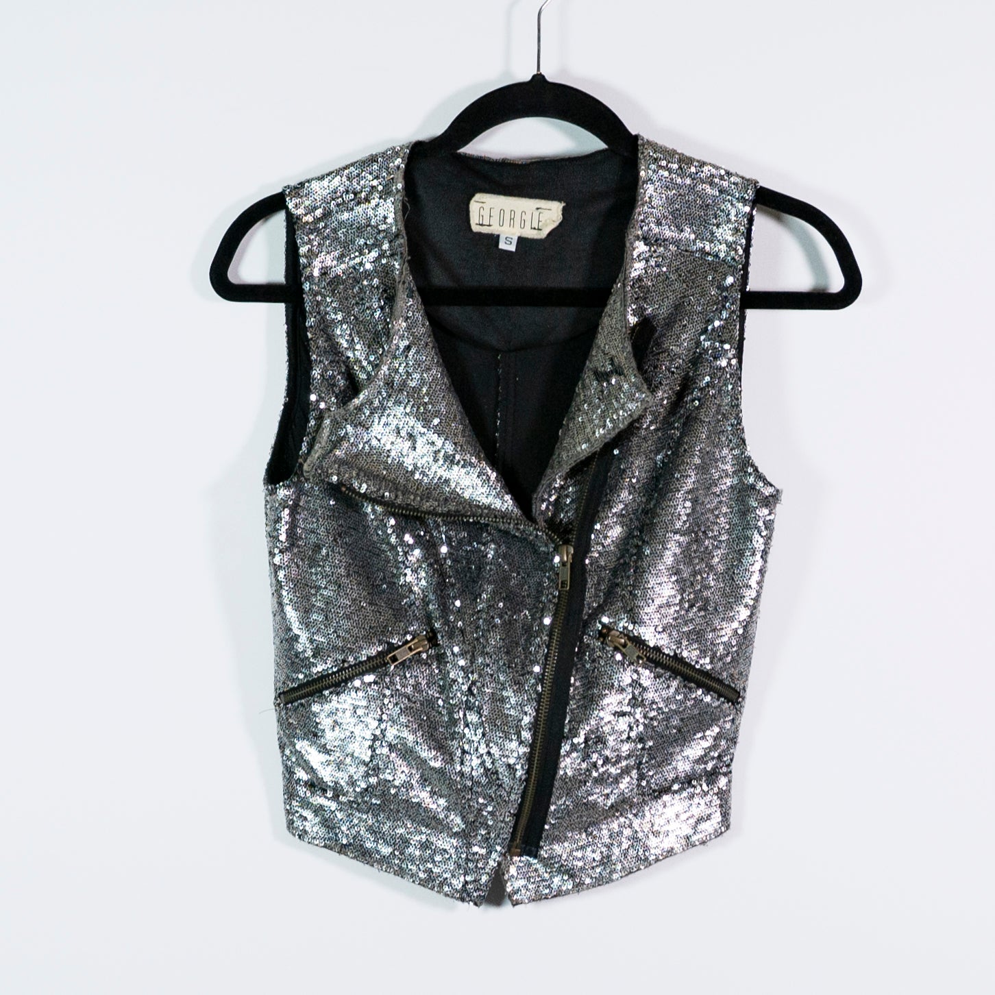 Georgie Sequin Glitter Sparkle Embellished Sleeveless Moto Vest Jacket Small