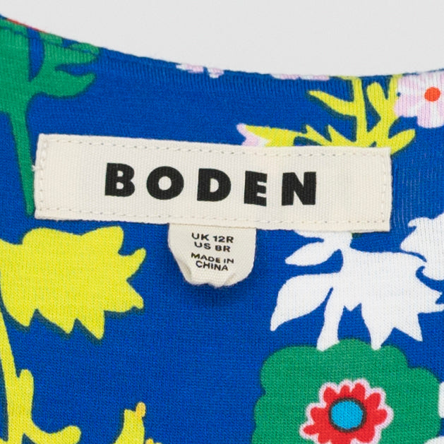 Boden Rebecca Jersey Knit Stretch V Neck Midi Tea Dress Blue Wildflower Cluster