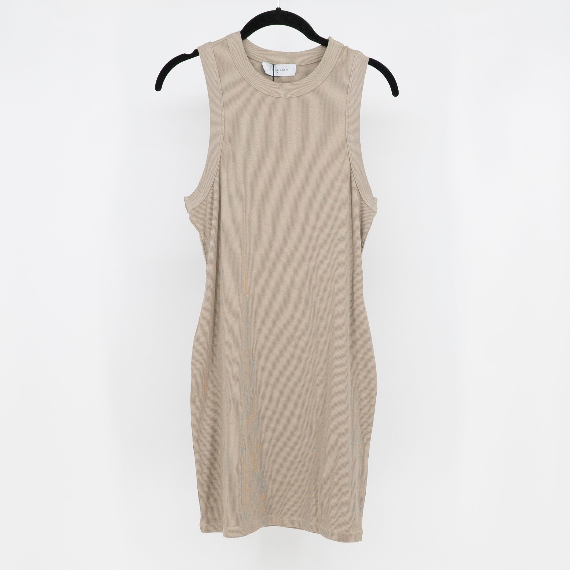 NEW All Things Golden The Luxe Rib High Neck Stretch Mini Des Slate Beige Medium