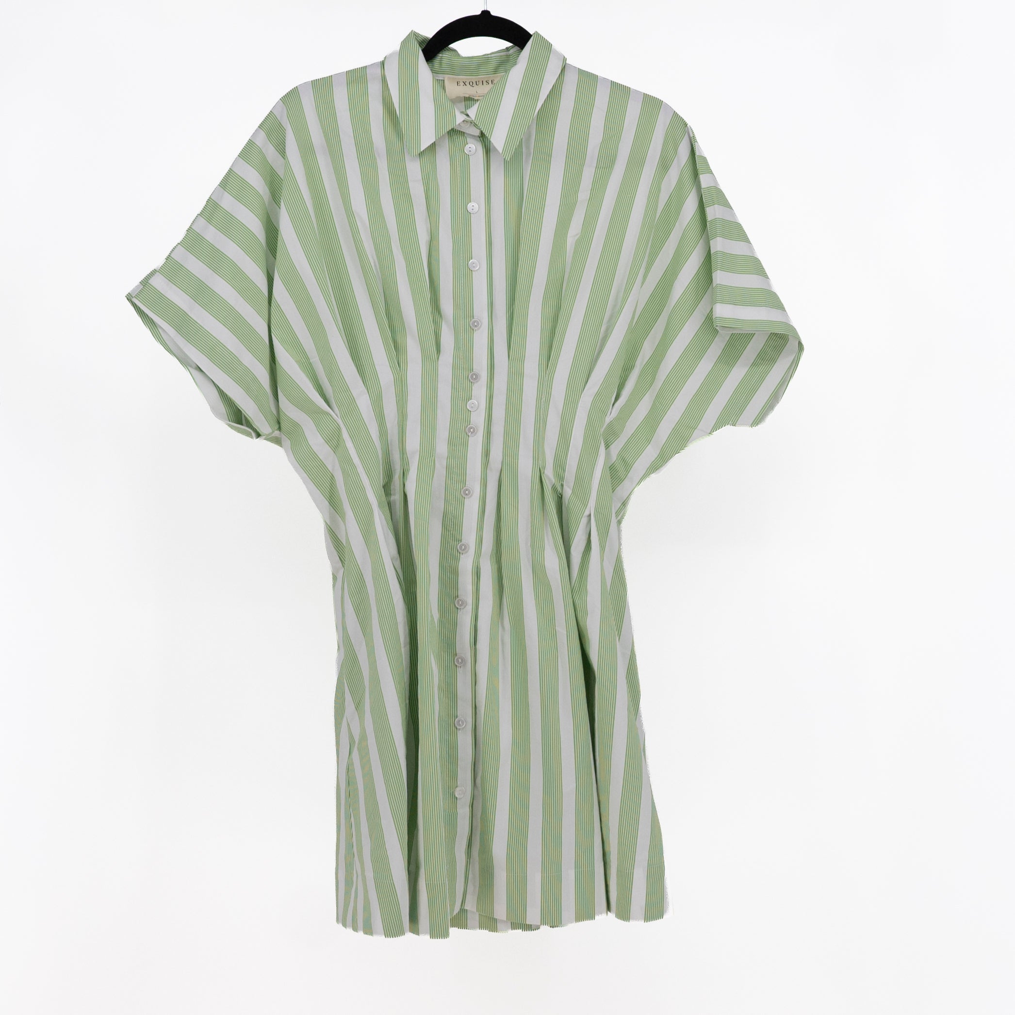 NEW Exquise The Tobie Cotton Poplin Button Front Mini Shirt Dress Green Stripe L