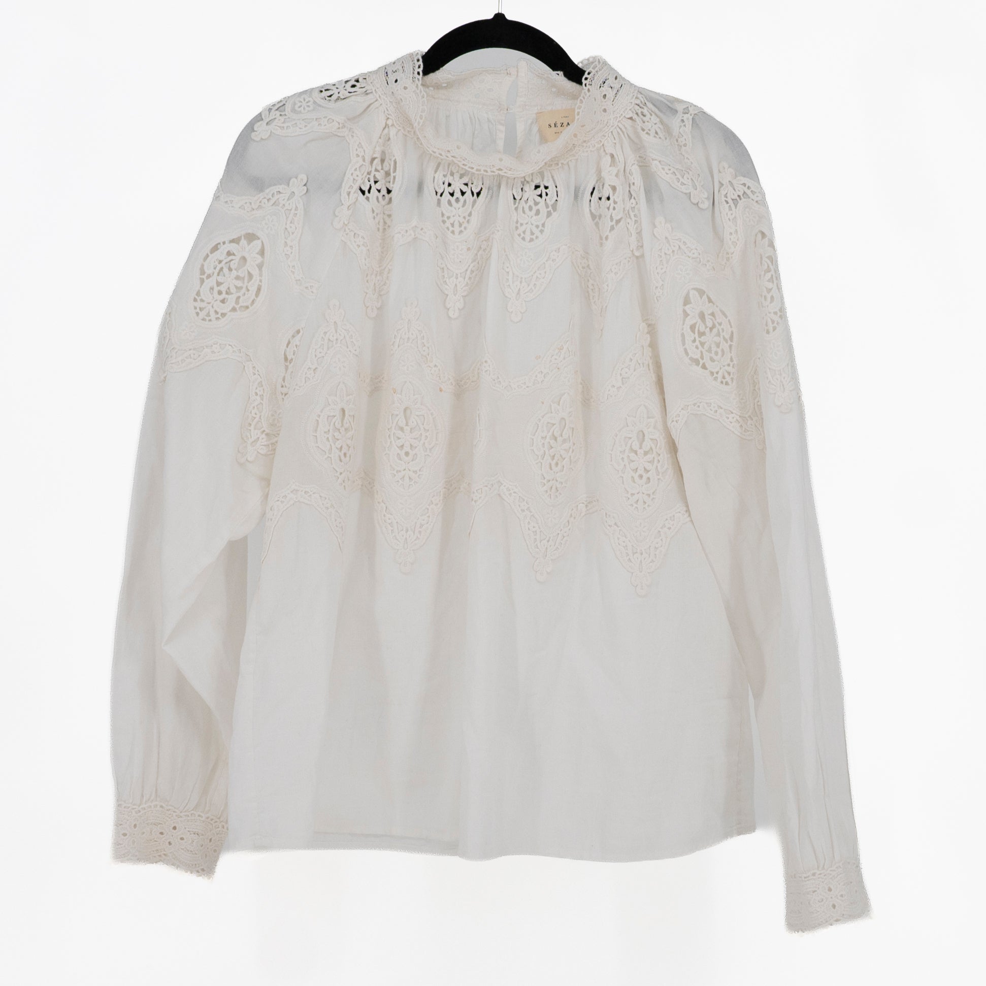 Sezane Cotton Eyelet Lace Mock Neck Long Sleeve Blouse White 46 / 14