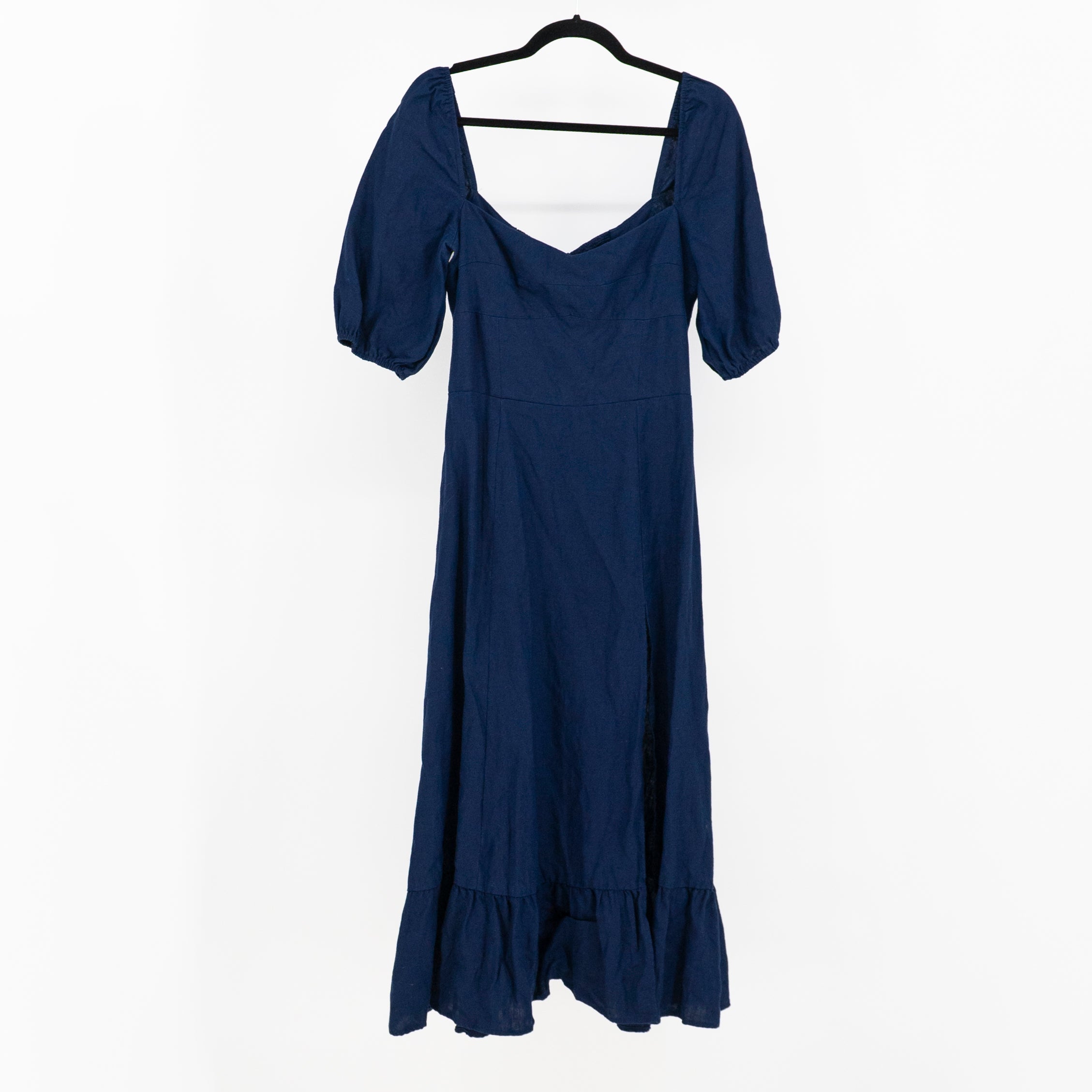 Reformation Belgium Linen Puff Short Sleeve Side Slit Ruffle Midi Dress Blue 8