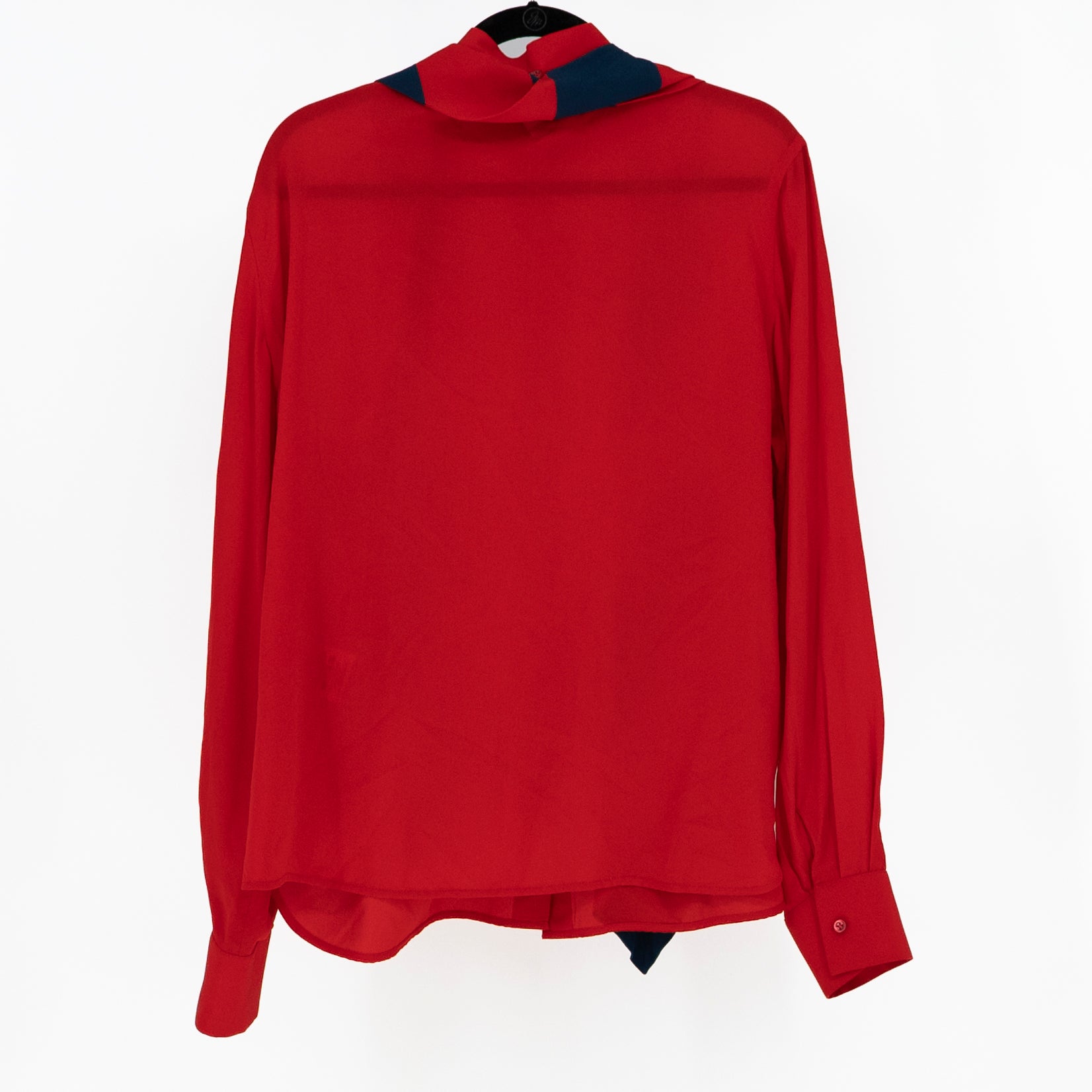 Givenchy Silk Chiffon Collarless Neck Tie Button Front Long Sleeve Blouse Red