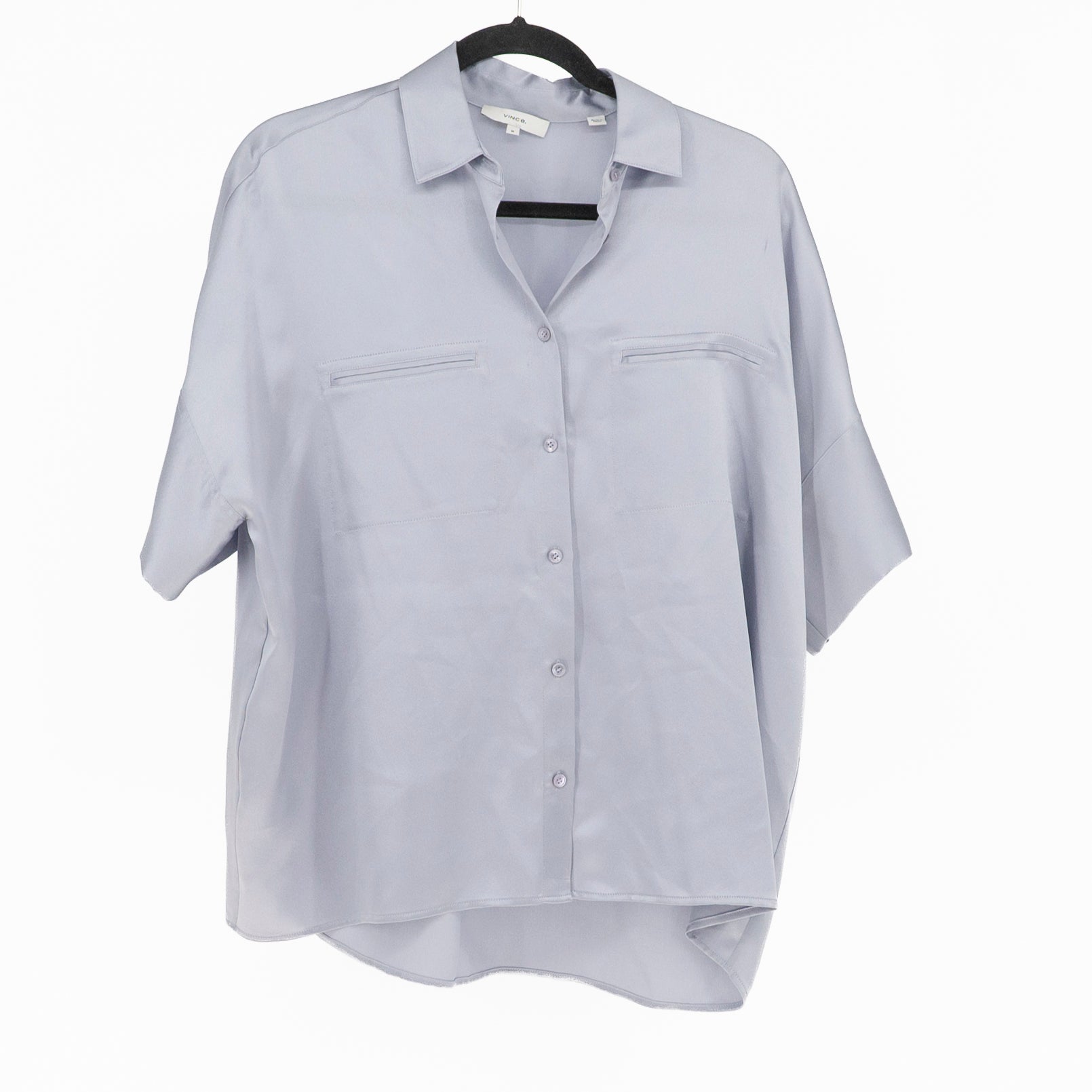 Vince Women's Silk Satin Collared Button Down Short Sleeve Lightweight Blouse M