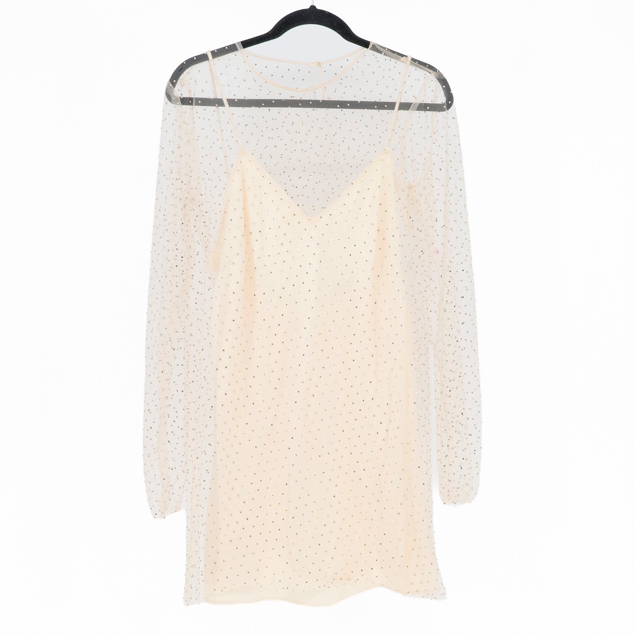 Zara Rhinestone Crystal Jewel Diamond Sheer Tulle Mesh Mini Dress Ivory Medium