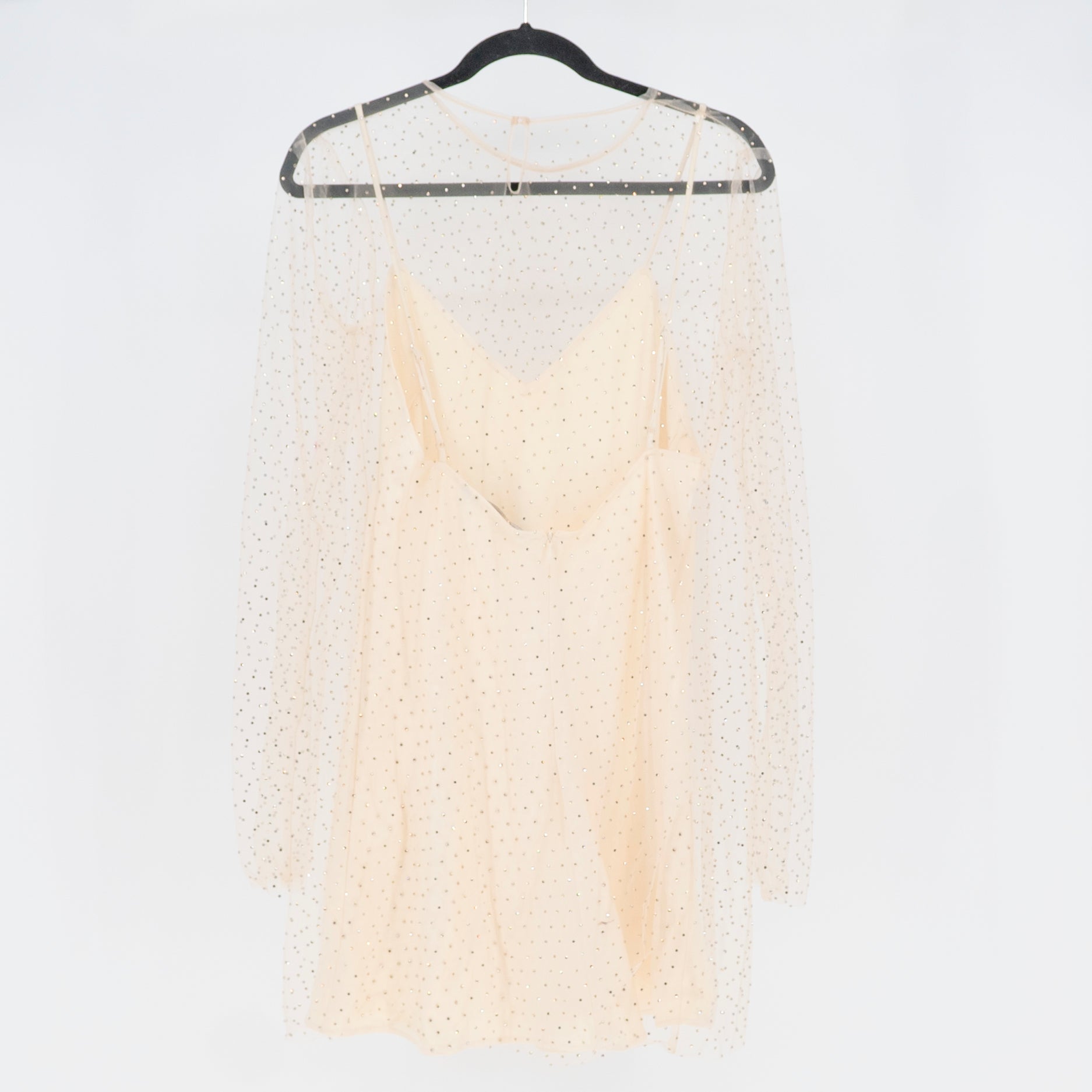 Zara Rhinestone Crystal Jewel Diamond Sheer Tulle Mesh Mini Dress Ivory Medium