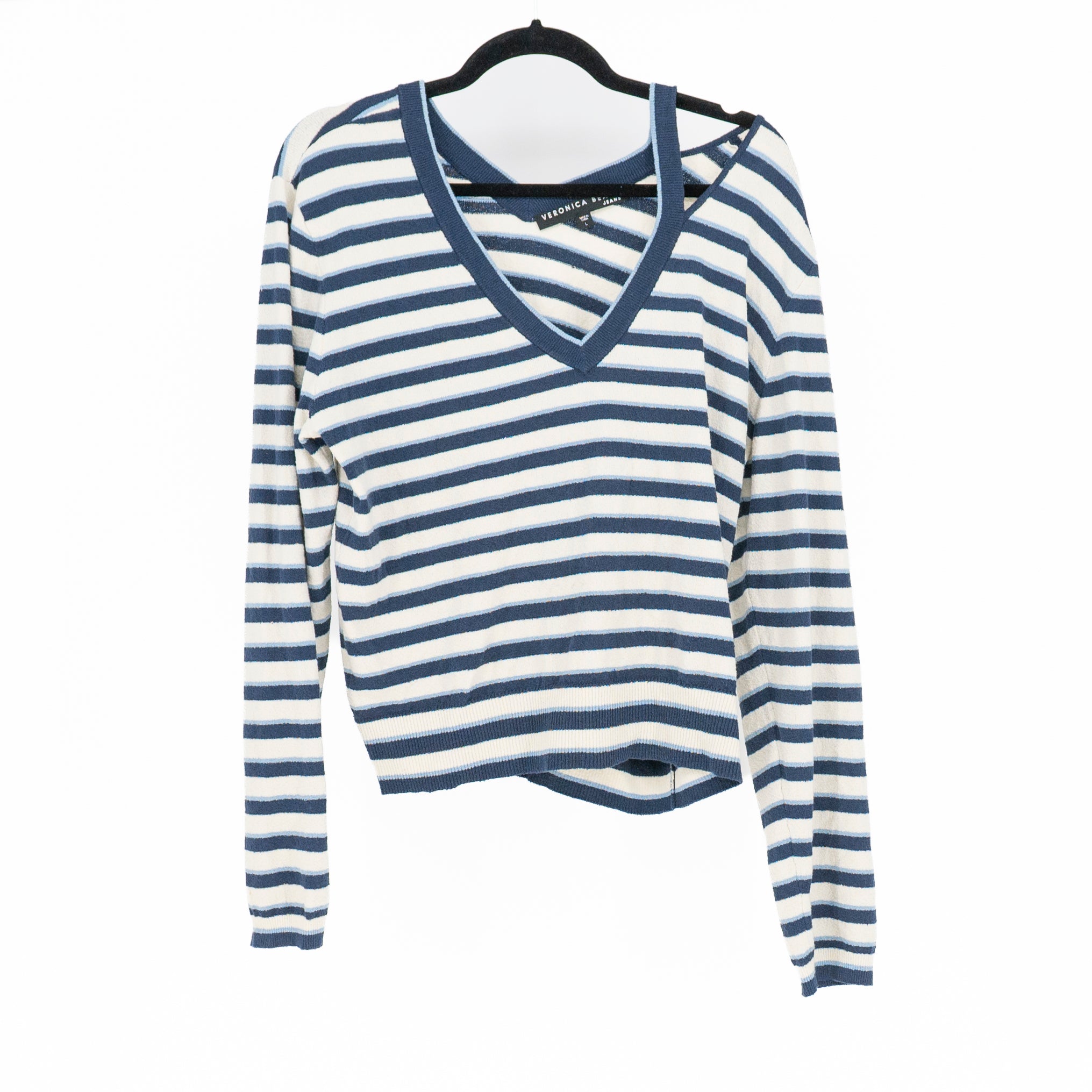 Veronica Beard Cotton Blend Split Neck Off The Shoulder V Neck Sweater Stripe