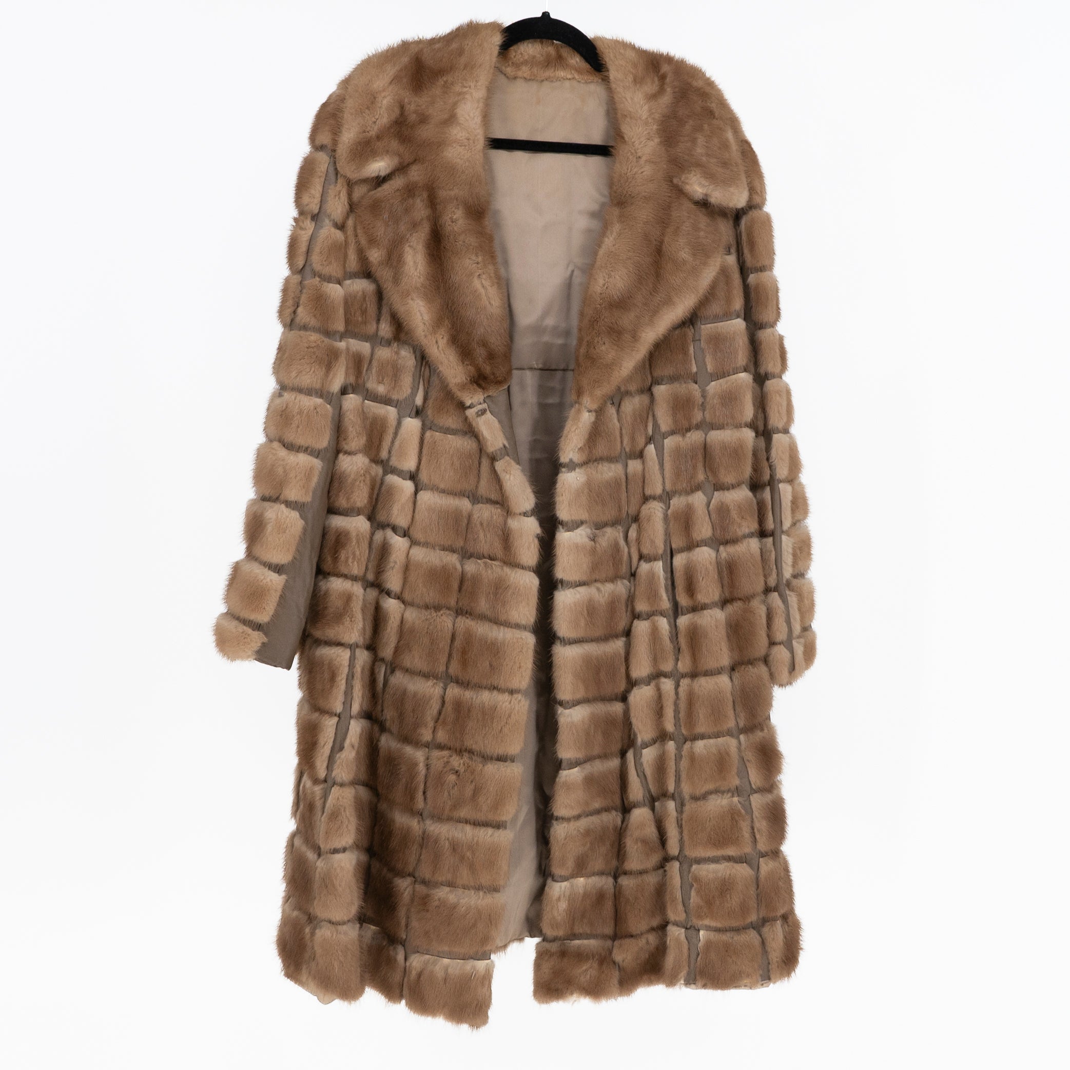 Vintage Genuine Leather Fur Patch Work Full Length Jacket Coat Brown