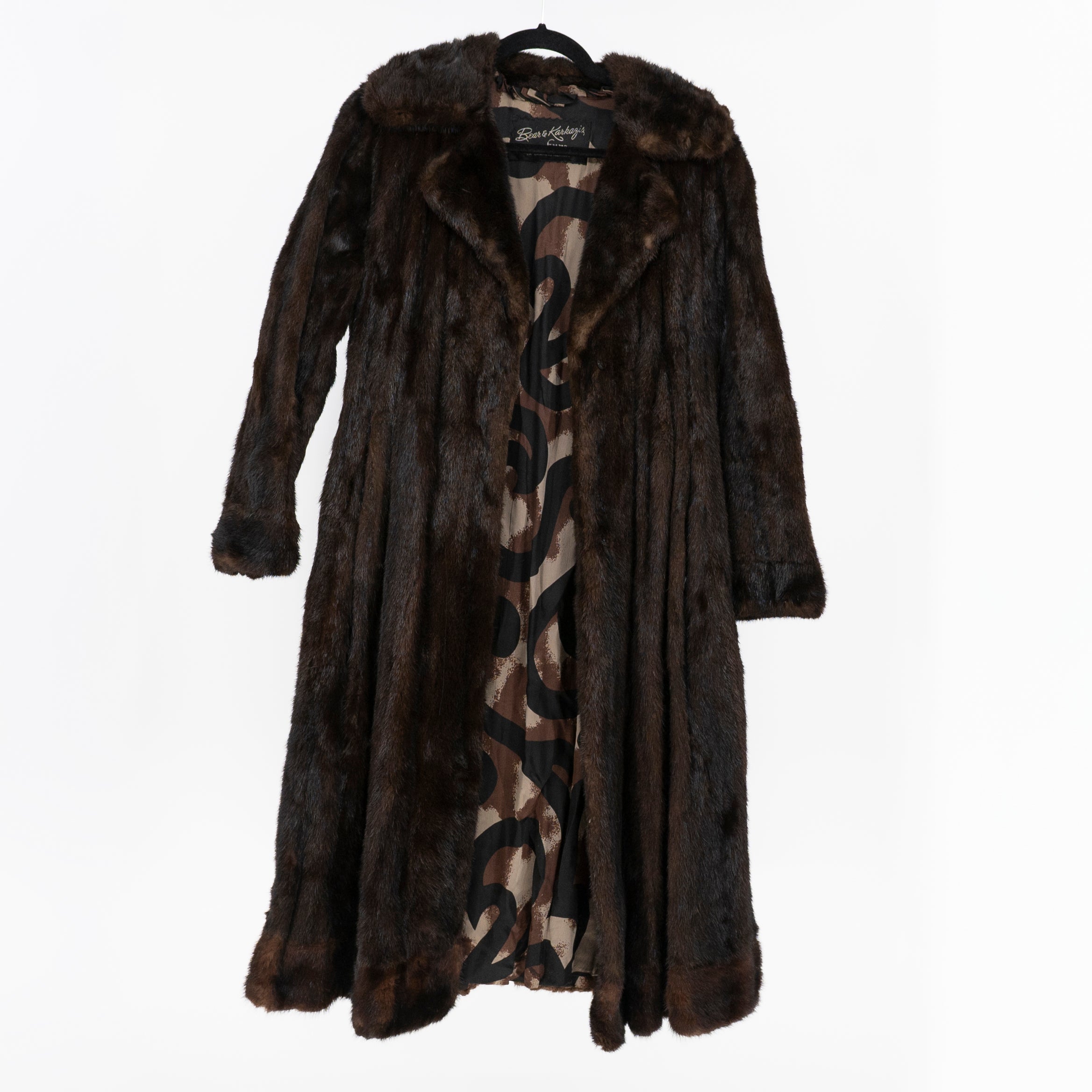 Bear & Karkazis Vintage Genuine Fur Silk Lined Full Length Coat Jacket Brown